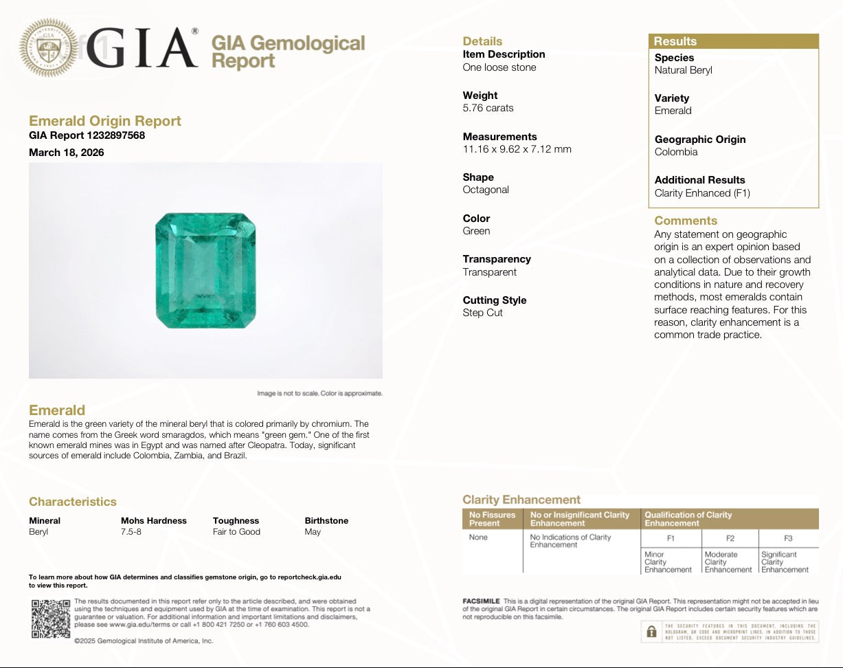 GIA Certified 5.76 Ct Natural Colombian Emerald (F1) & 1.30 CTW Diamond Three-Stone Ring in Solid 18K Yellow Gold | Size 7