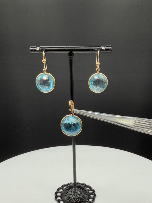 Natural Blue Topaz 14k Yellow Gold Pendant & Earring Jewelry Set