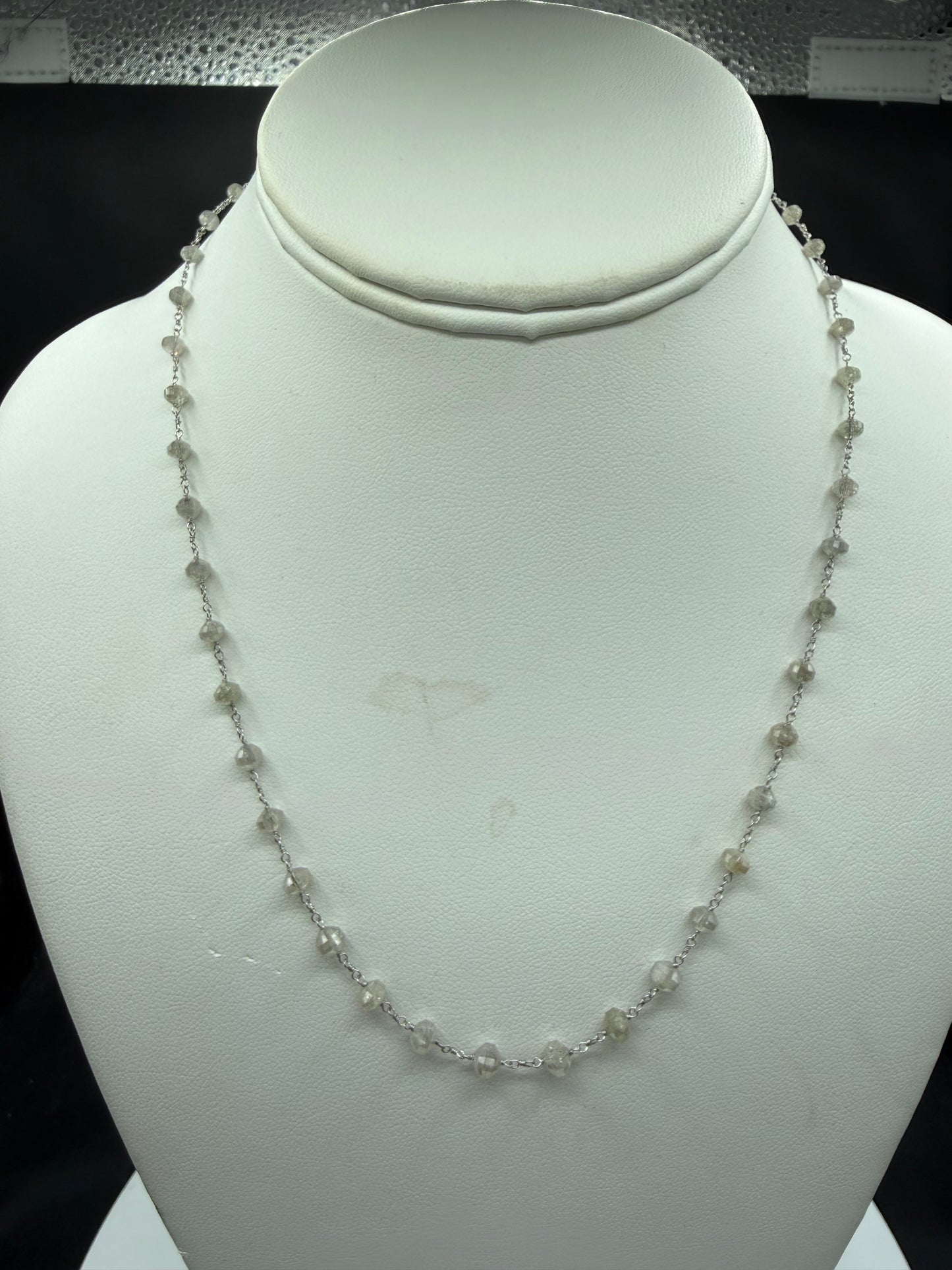 19.15 CTW Natural Graduated Diamond Faceted Bead Station Necklace in Solid 18K White Gold | Adjustable 17.25" – 18.25"