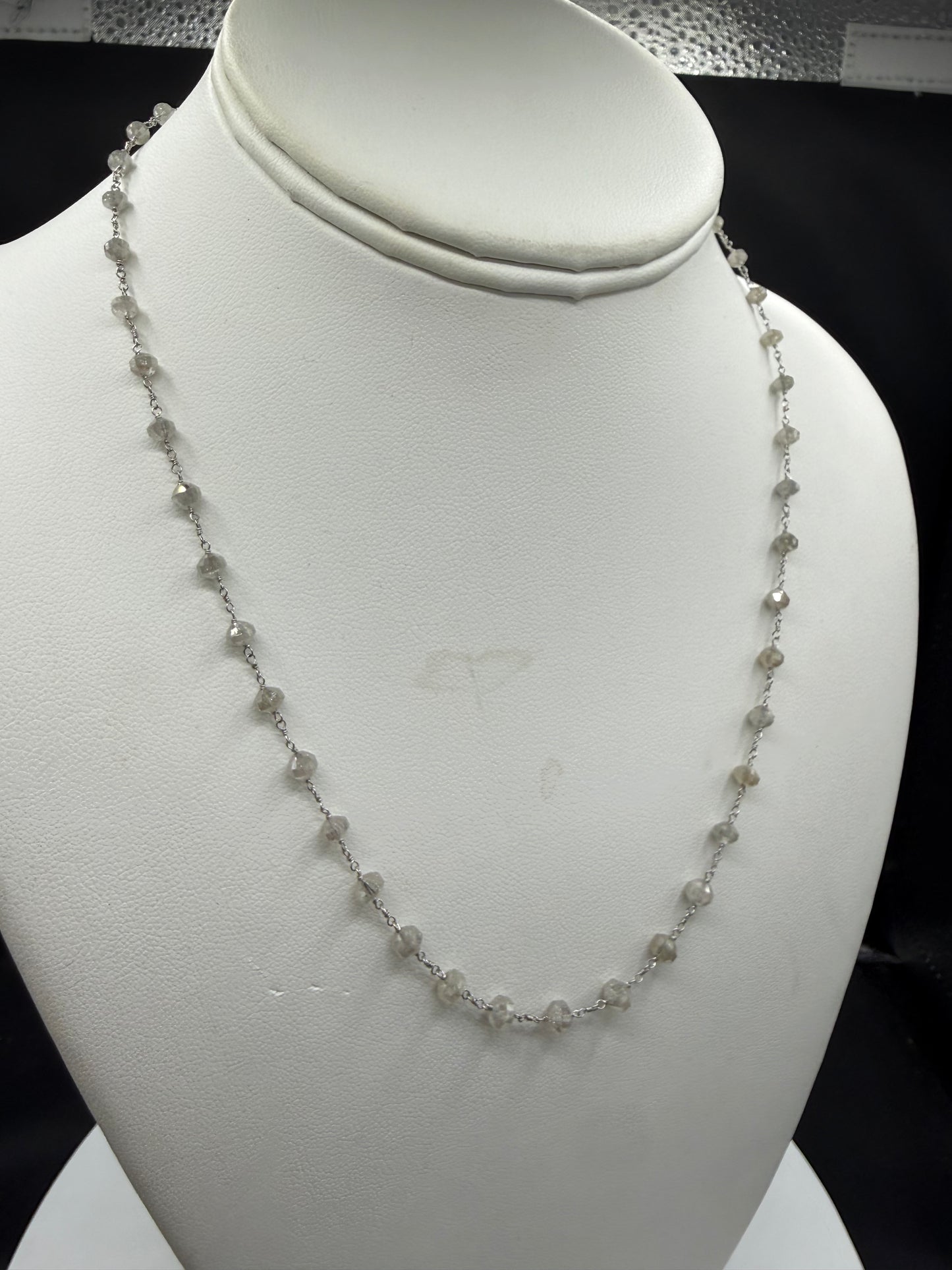 19.15 CTW Natural Graduated Diamond Faceted Bead Station Necklace in Solid 18K White Gold | Adjustable 17.25" – 18.25"