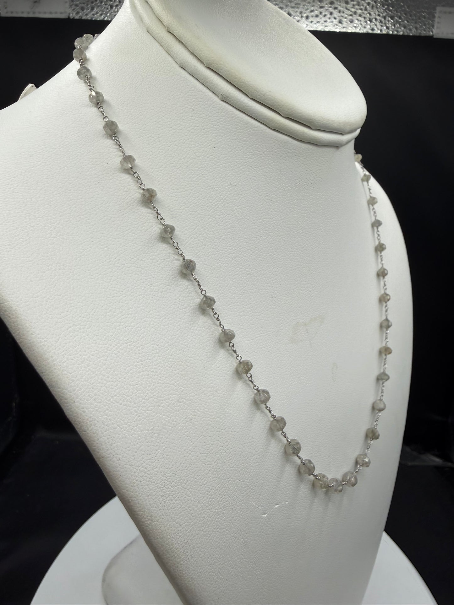 19.15 CTW Natural Graduated Diamond Faceted Bead Station Necklace in Solid 18K White Gold | Adjustable 17.25" – 18.25"