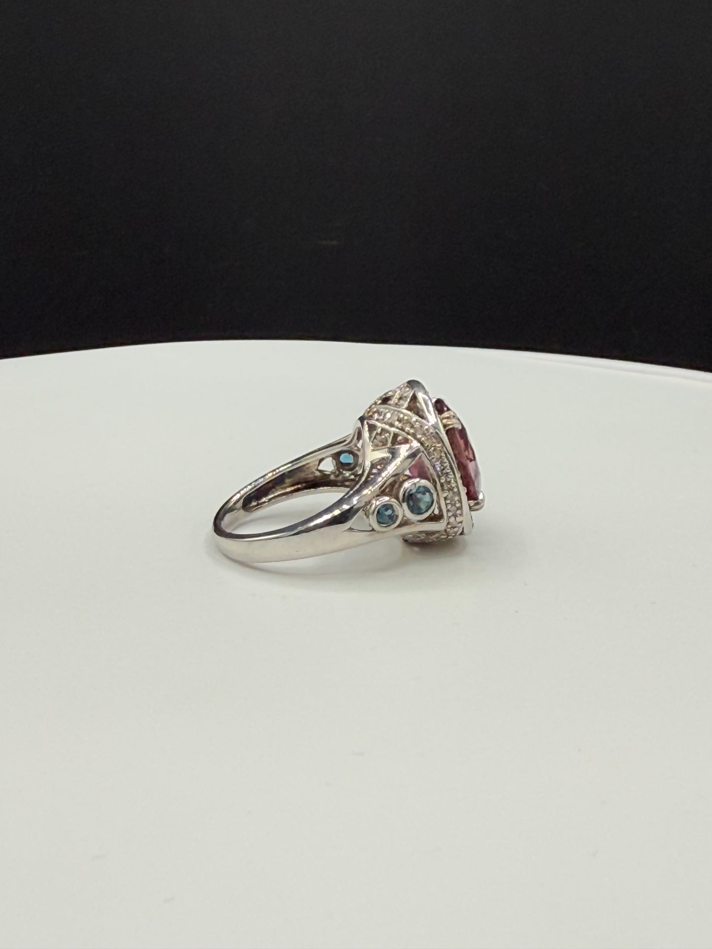 Natural Pink Tourmaline & Diamond 18k White Gold Cocktail Ring (Size 6.5)