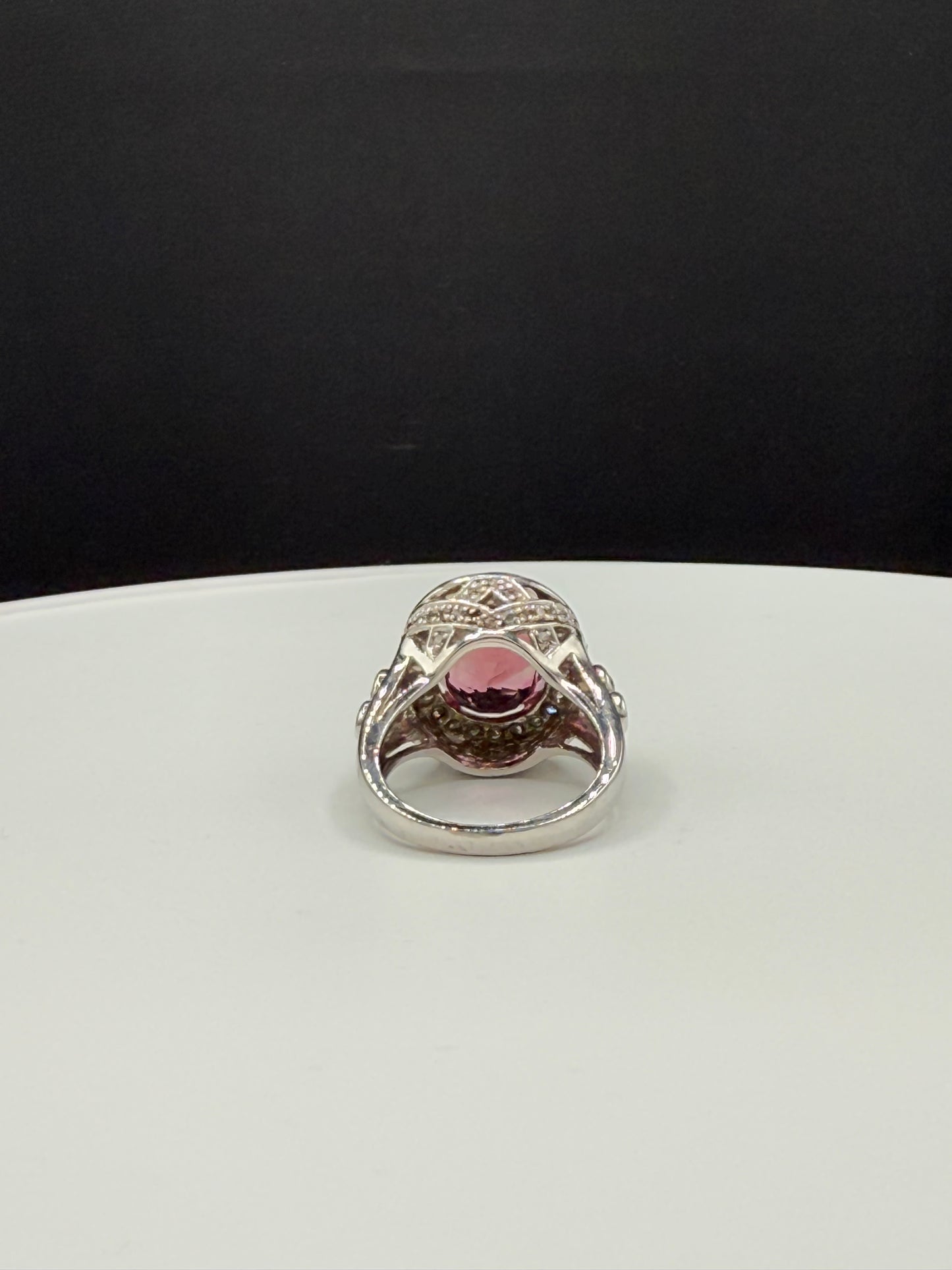 Natural Pink Tourmaline & Diamond 18k White Gold Cocktail Ring (Size 6.5)