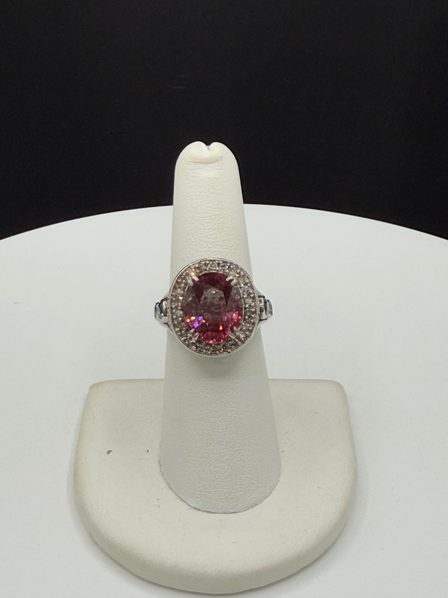 Natural Pink Tourmaline & Diamond 18k White Gold Cocktail Ring (Size 6.5)