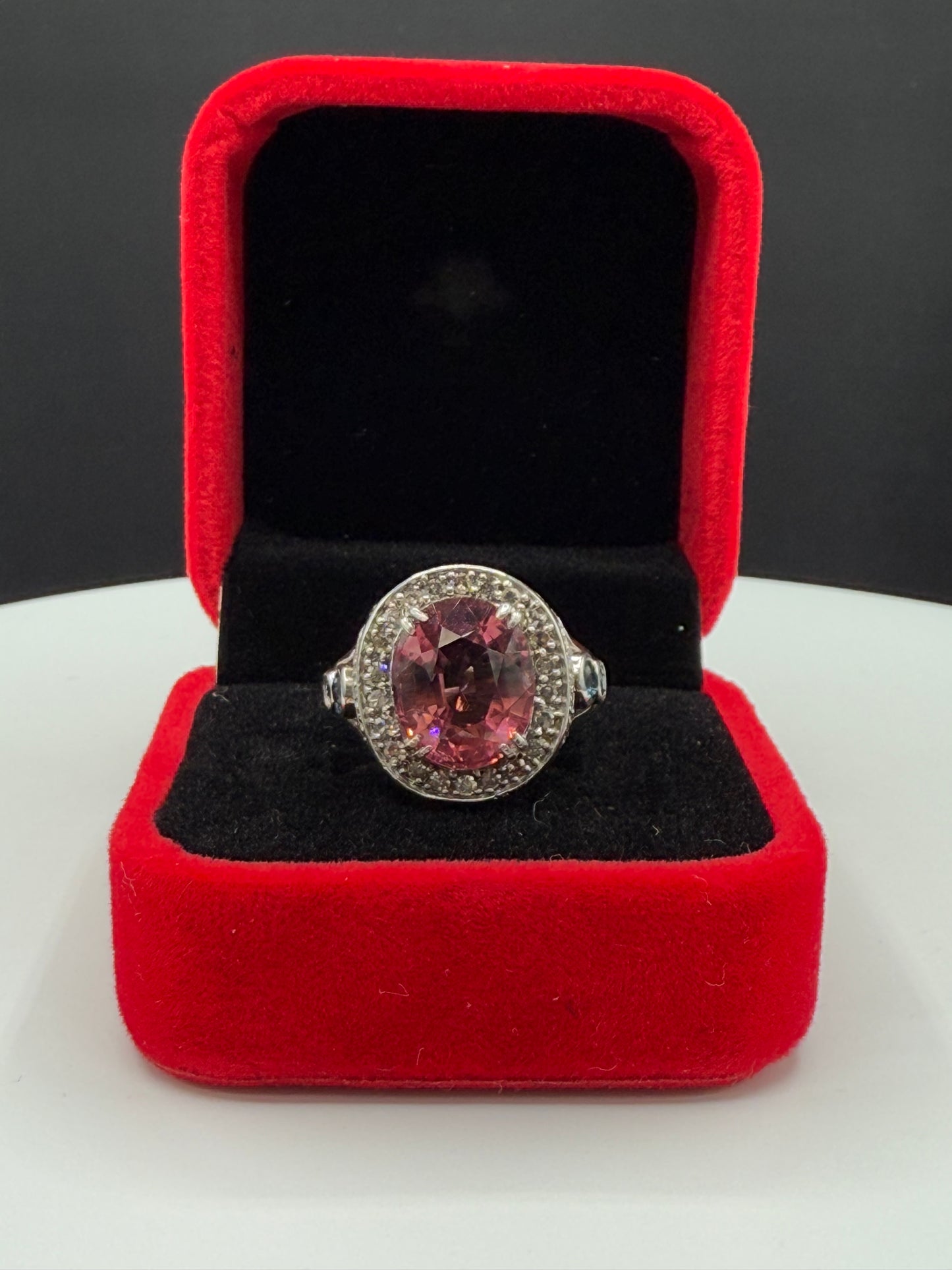 Natural Pink Tourmaline & Diamond 18k White Gold Cocktail Ring (Size 6.5)
