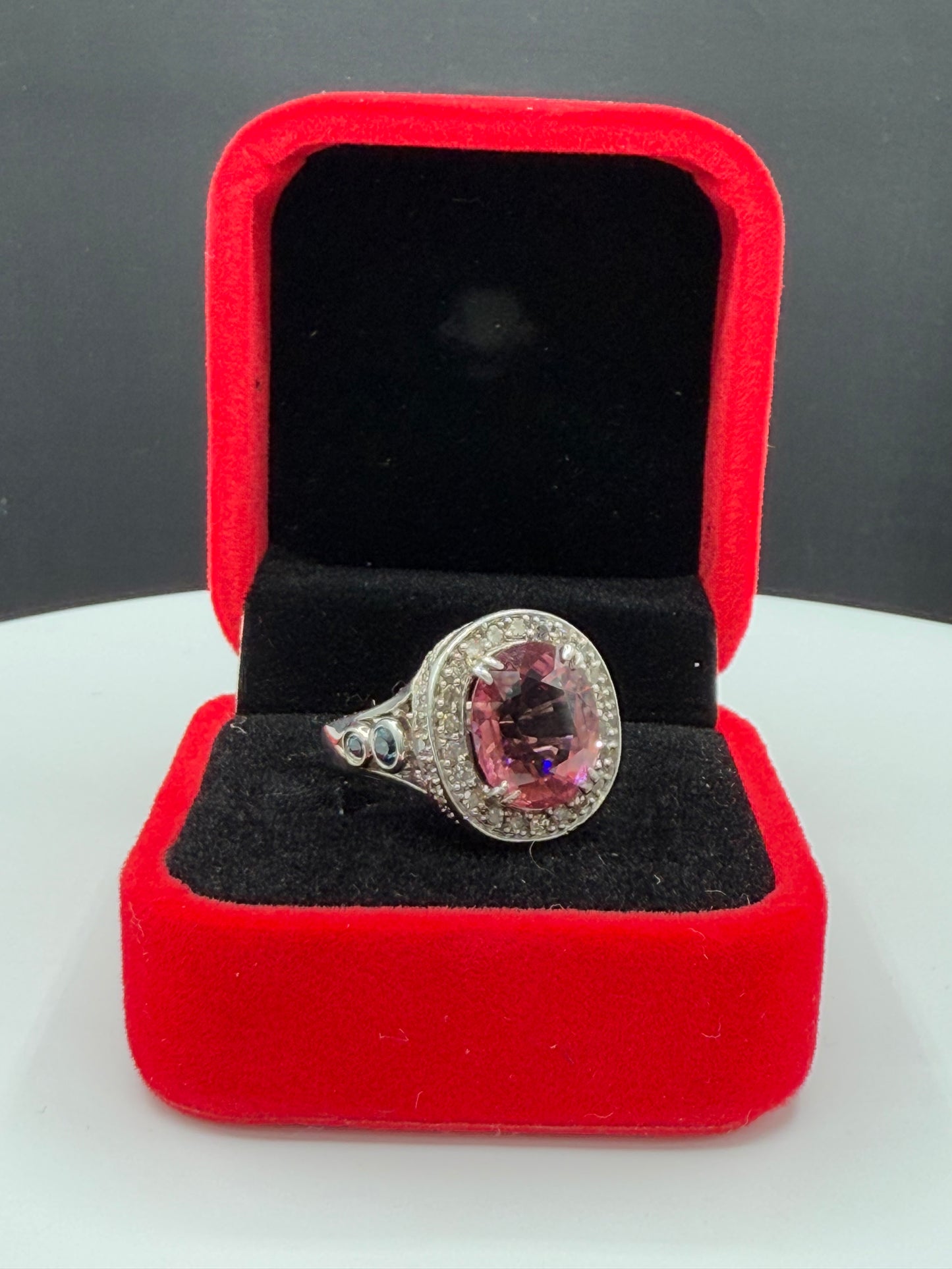 Natural Pink Tourmaline & Diamond 18k White Gold Cocktail Ring (Size 6.5)