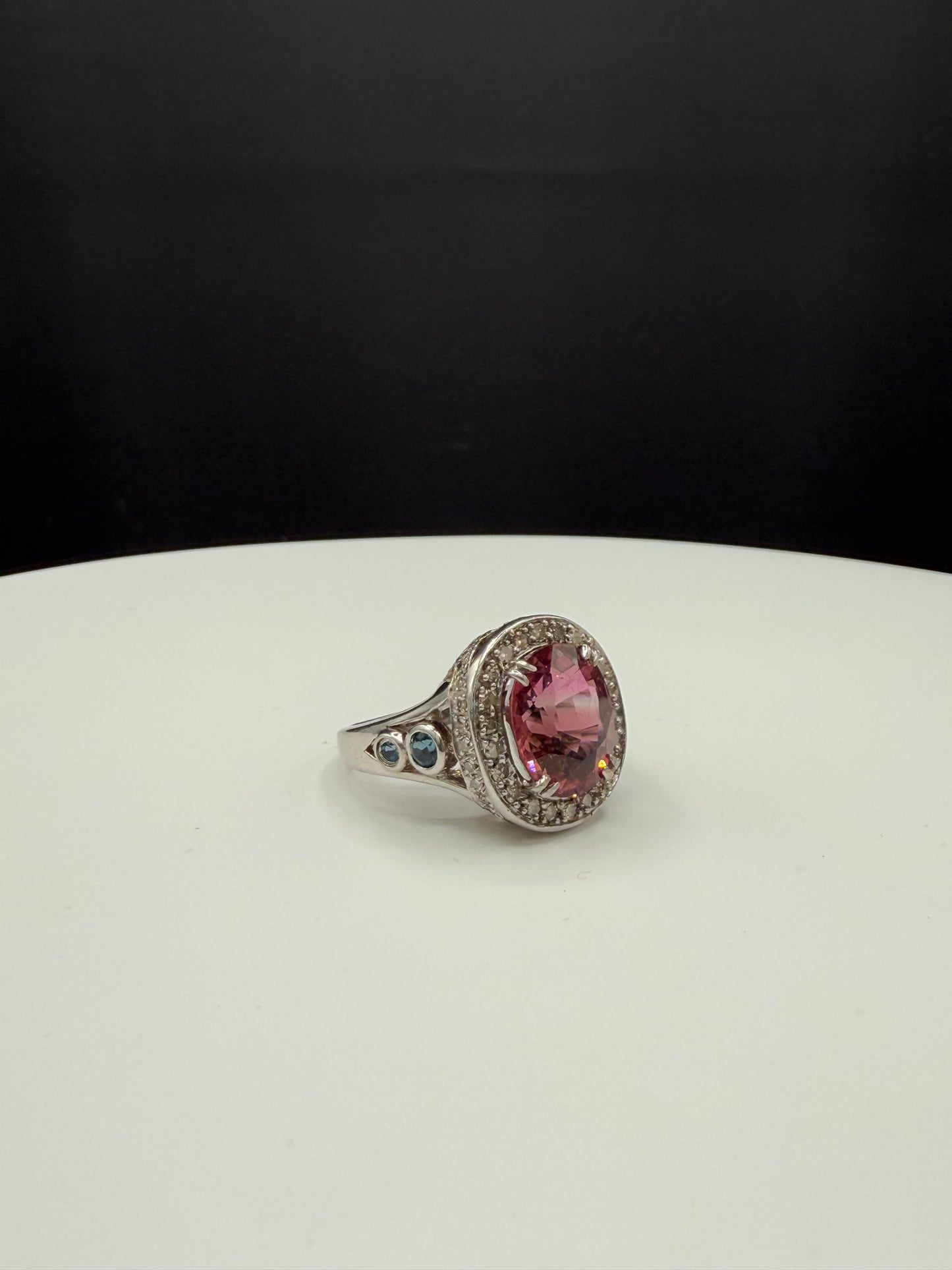 Natural Pink Tourmaline & Diamond 18k White Gold Cocktail Ring (Size 6.5)