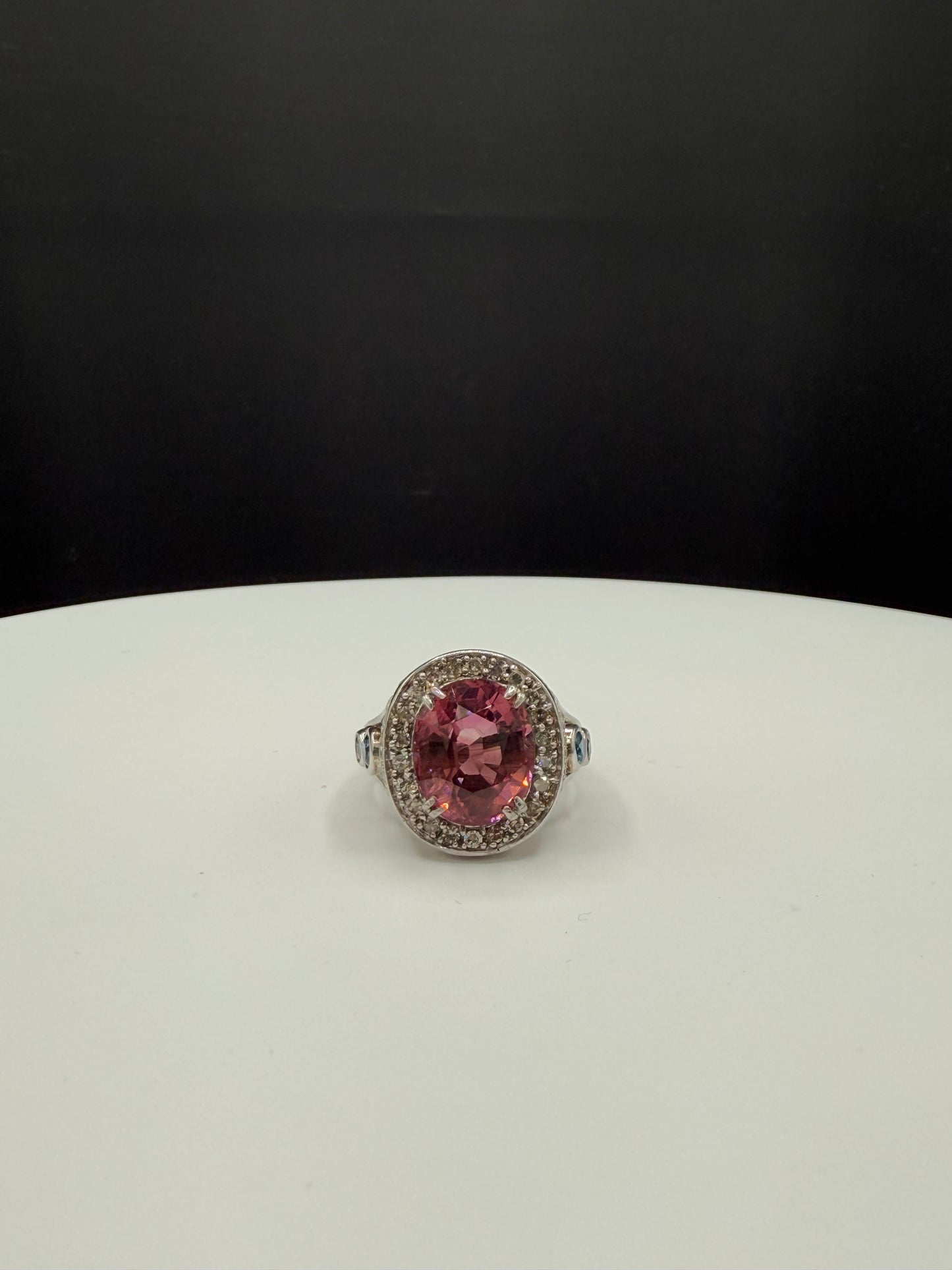 Natural Pink Tourmaline & Diamond 18k White Gold Cocktail Ring (Size 6.5)