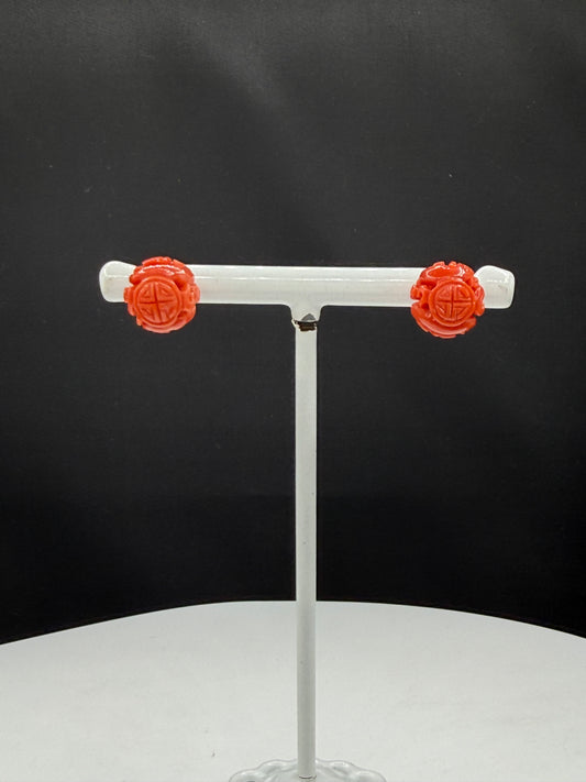 Vintage Italian Red Coral Shou Symbol Stud 14k Gold Earrings