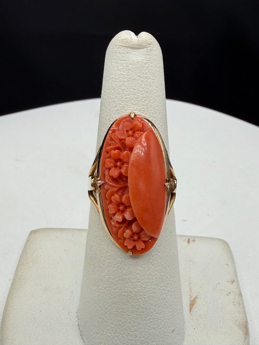 Vintage 14K Yellow Gold Hand Carved Italian Red Coral Floral Statement Cocktail Ring Size 6.25