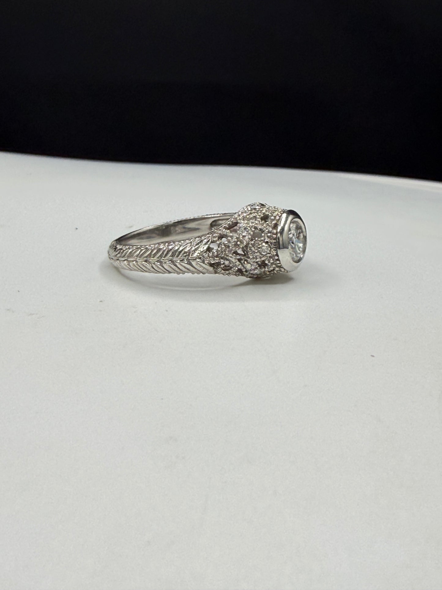 0.50 Carat Natural Diamond 14K White Gold Filigree Ring Size 6.5