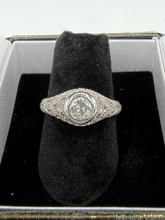 0.50 Carat Natural Diamond 14K White Gold Filigree Ring Size 6.5