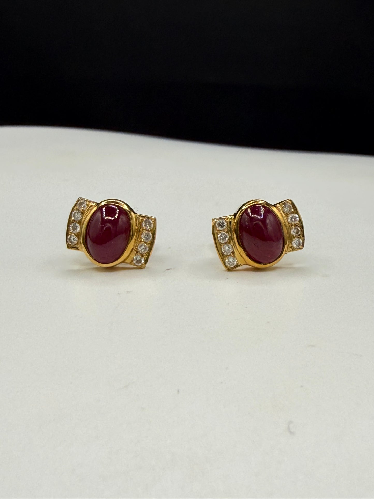 2.28 Carat Natural Ruby Cabochon & Diamond 18k Yellow Gold Statement Earrings
