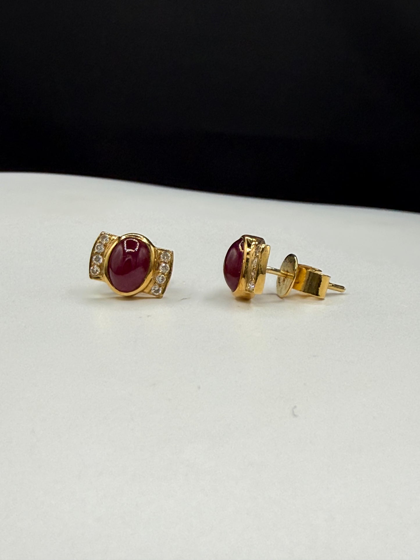 2.28 Carat Natural Ruby Cabochon & Diamond 18k Yellow Gold Statement Earrings