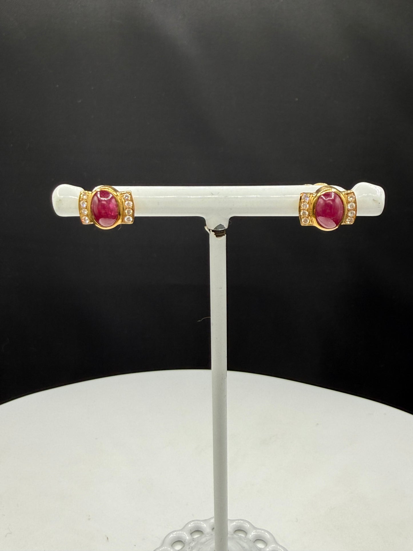 2.28 Carat Natural Ruby Cabochon & Diamond 18k Yellow Gold Statement Earrings