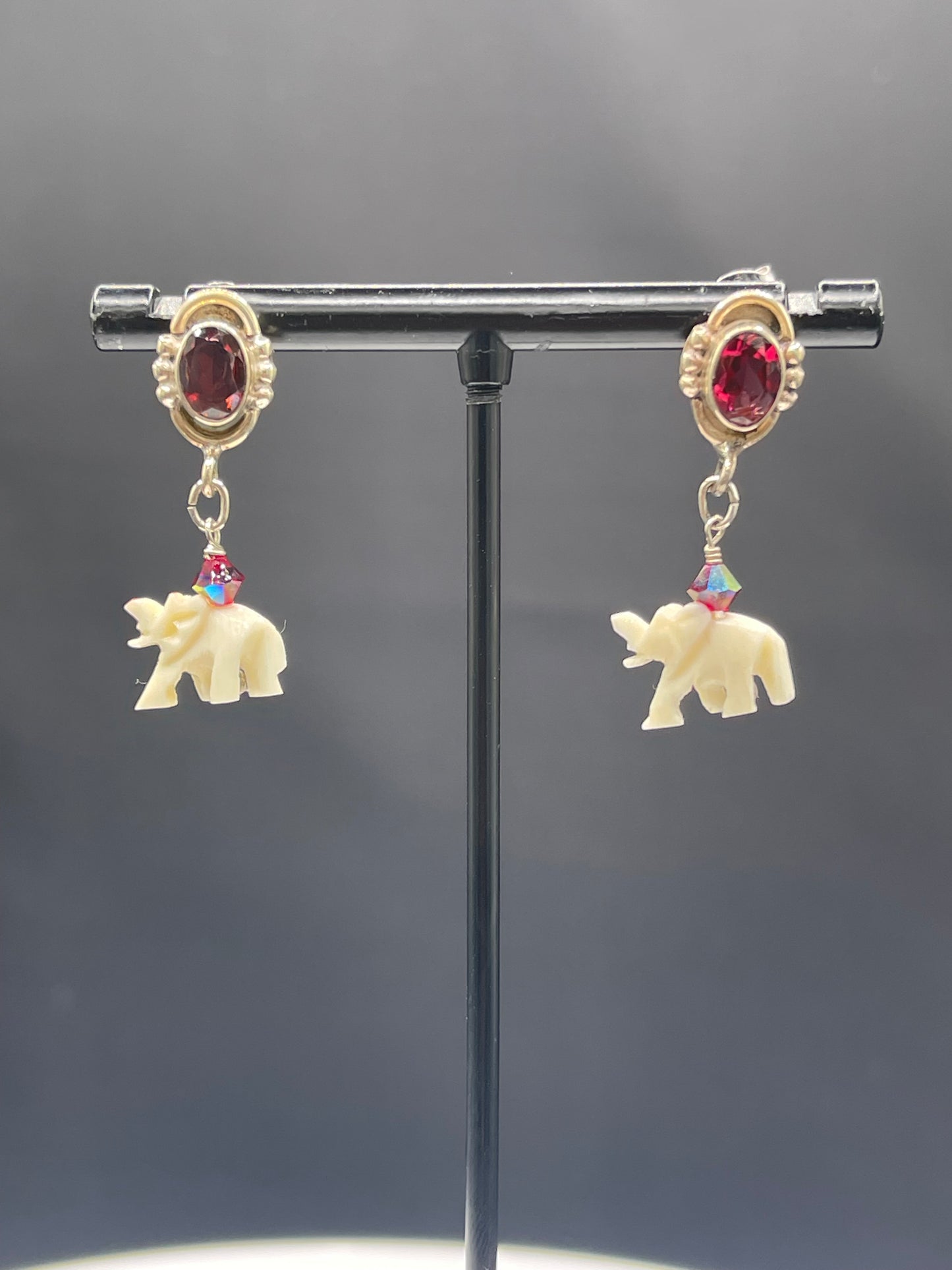Natural Garnet & Ivory Elephant Sterling Silver Dangle Earrings | Handmade One-of-a-Kind Jewelry