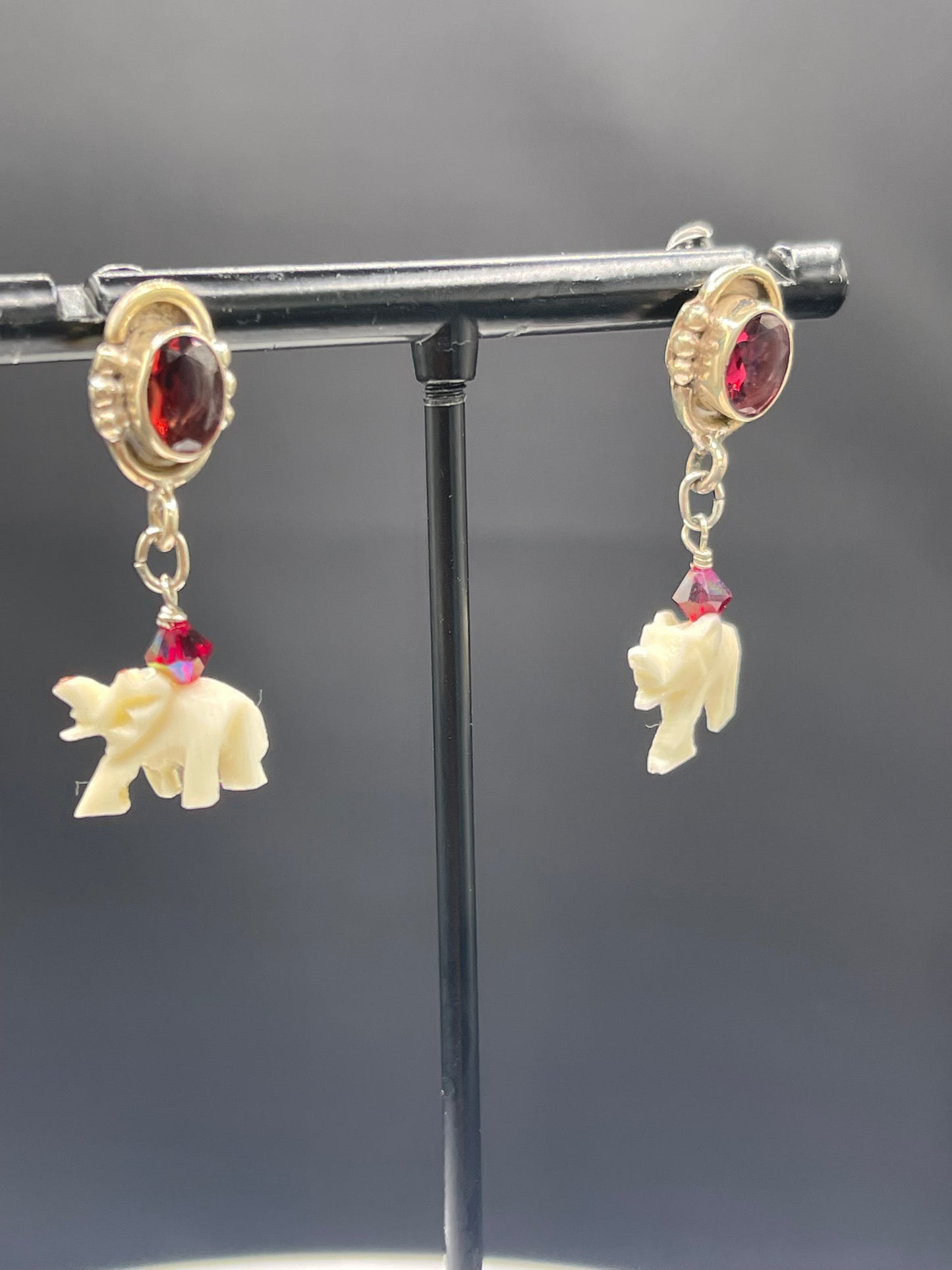 Natural Garnet & Ivory Elephant Sterling Silver Dangle Earrings | Handmade One-of-a-Kind Jewelry