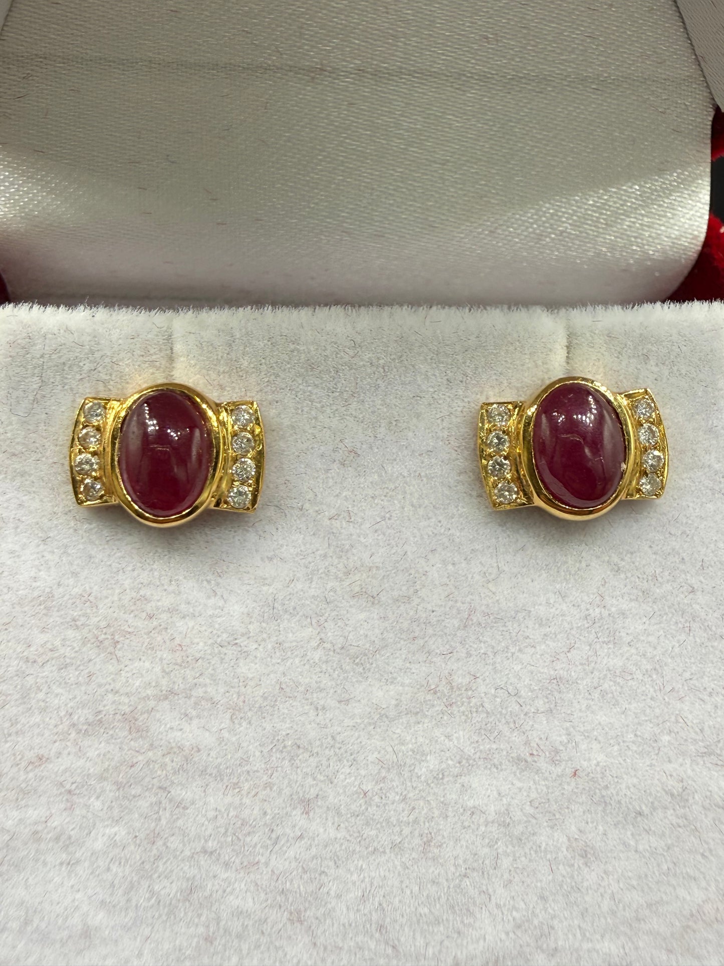 2.28 Carat Natural Ruby Cabochon & Diamond 18k Yellow Gold Statement Earrings