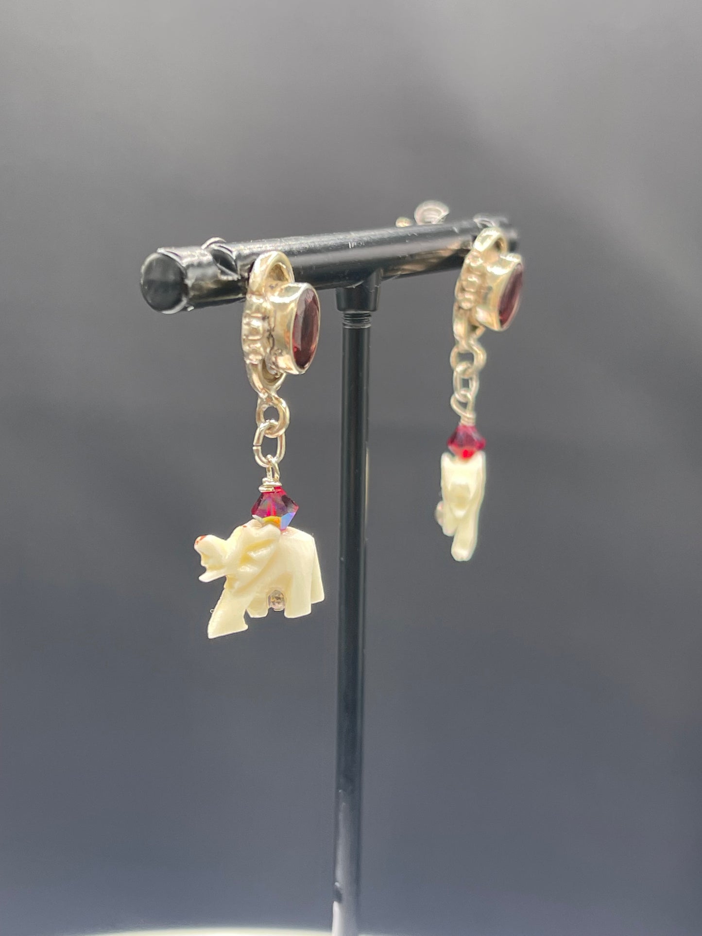 Natural Garnet & Ivory Elephant Sterling Silver Dangle Earrings | Handmade One-of-a-Kind Jewelry