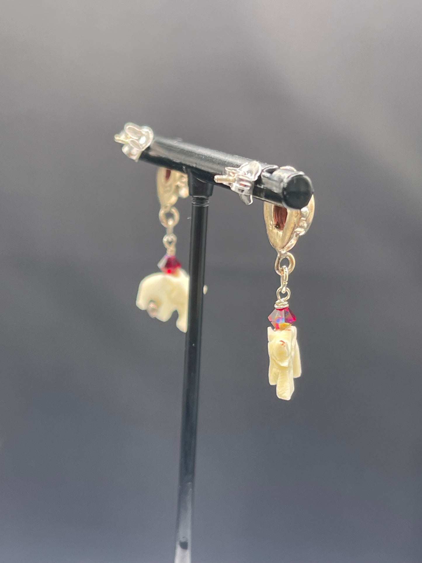 Natural Garnet & Ivory Elephant Sterling Silver Dangle Earrings | Handmade One-of-a-Kind Jewelry