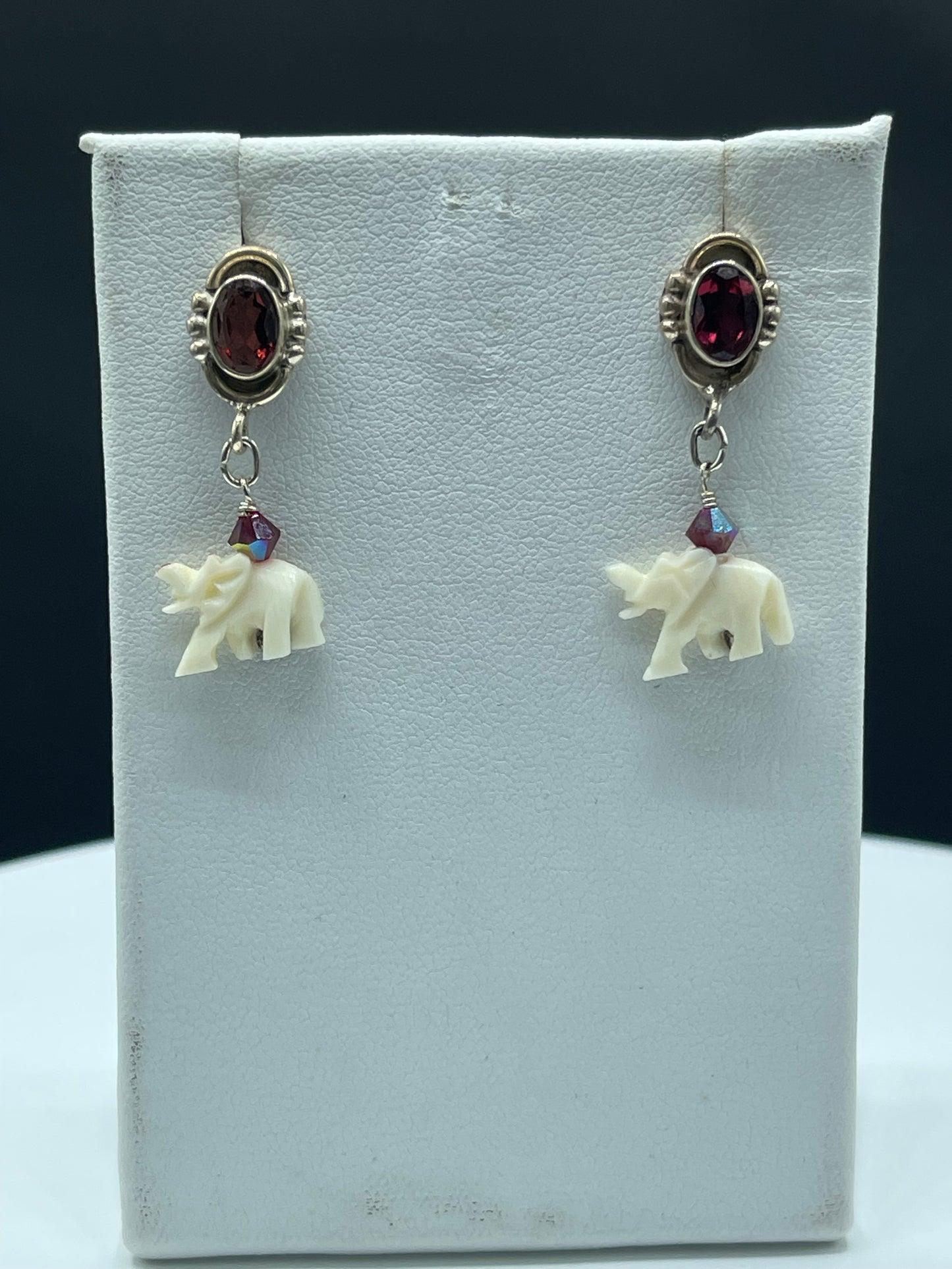 Natural Garnet & Ivory Elephant Sterling Silver Dangle Earrings | Handmade One-of-a-Kind Jewelry