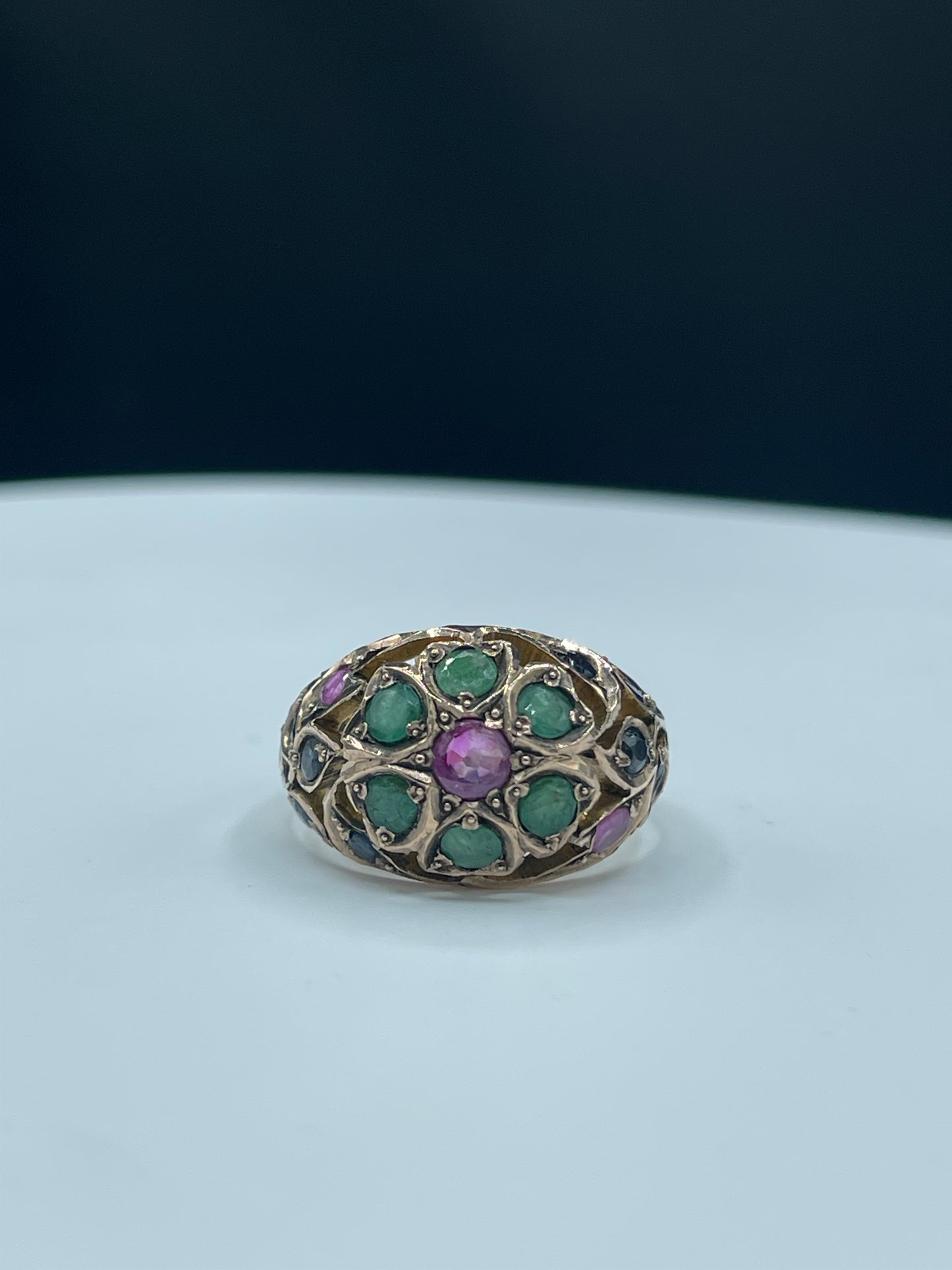 Handmade Natural Sapphire & Emerald 10k Yellow Gold Ring | Size 7.75 Unique Gemstone Jewelry