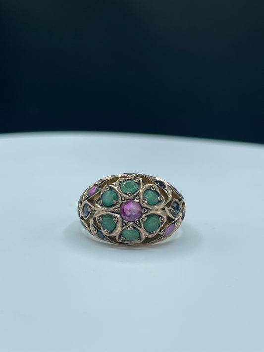 Handmade Natural Sapphire & Emerald 10k Yellow Gold Ring | Size 7.75 Unique Gemstone Jewelry