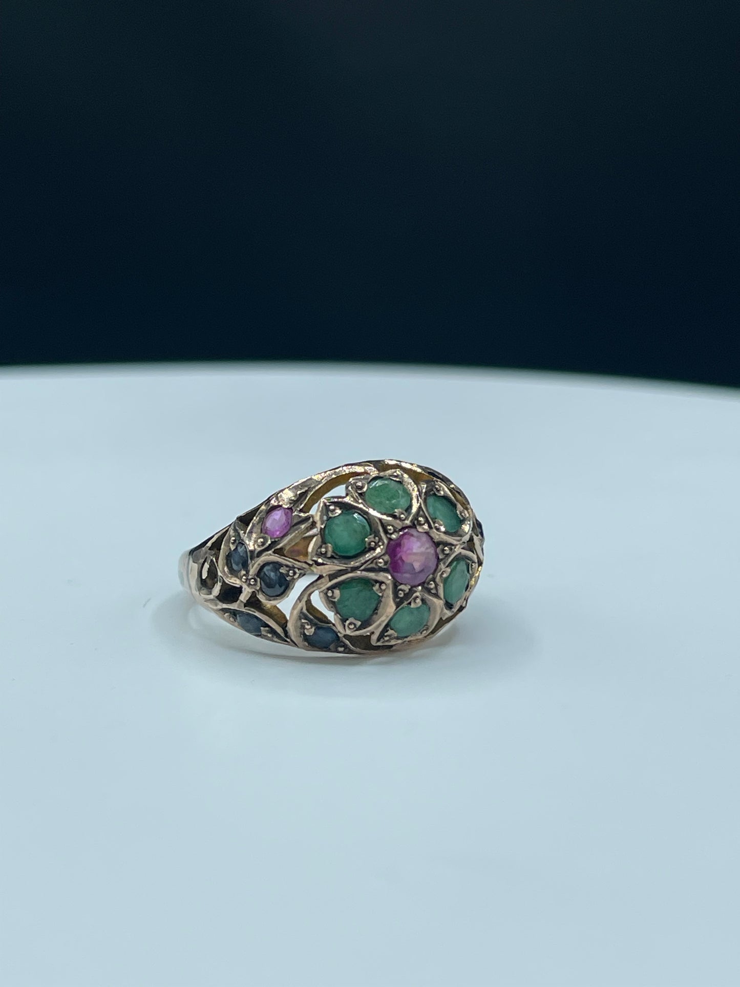 Handmade Natural Sapphire & Emerald 10k Yellow Gold Ring | Size 7.75 Unique Gemstone Jewelry