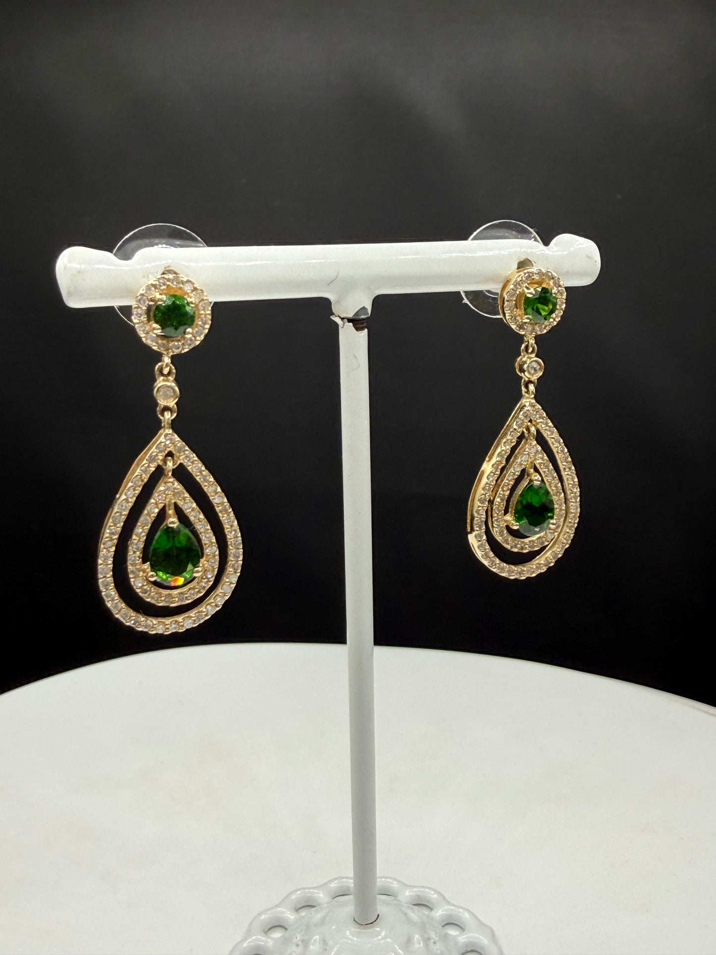Natural Chrome Diopside & Diamond 14K Yellow Gold Dangle Earrings | 1.44 Inches
