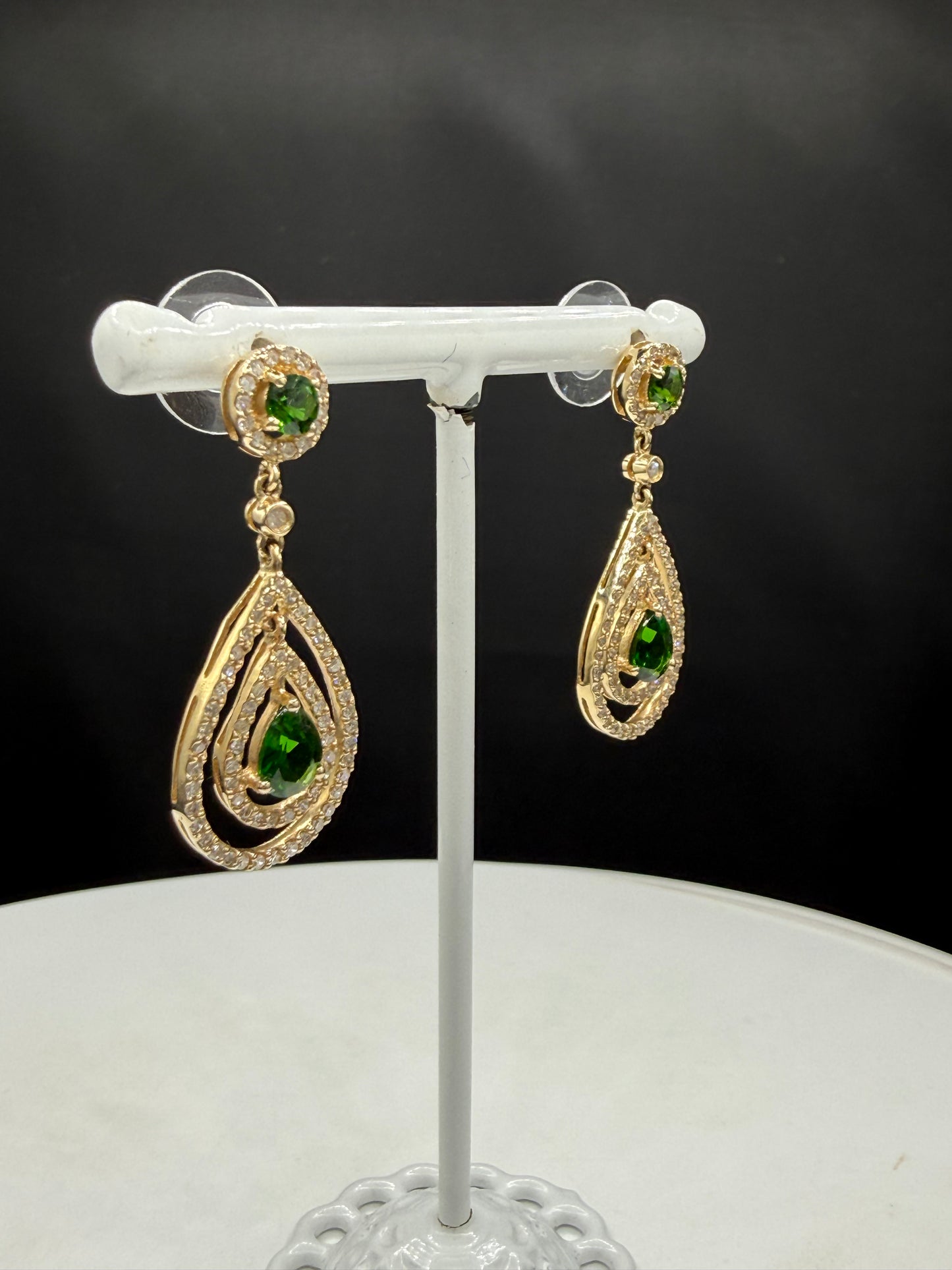 Natural Chrome Diopside & Diamond 14K Yellow Gold Dangle Earrings | 1.44 Inches
