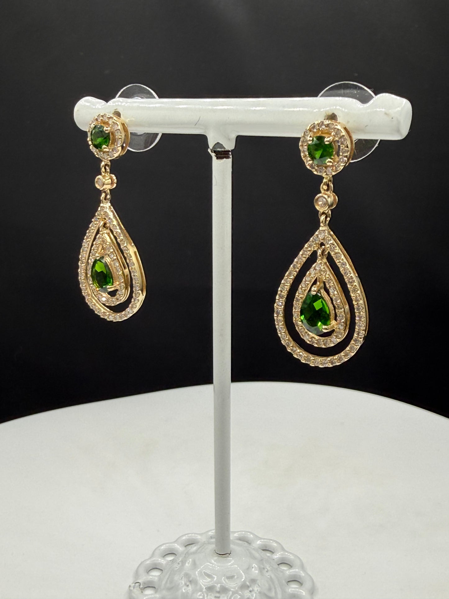 Natural Chrome Diopside & Diamond 14K Yellow Gold Dangle Earrings | 1.44 Inches