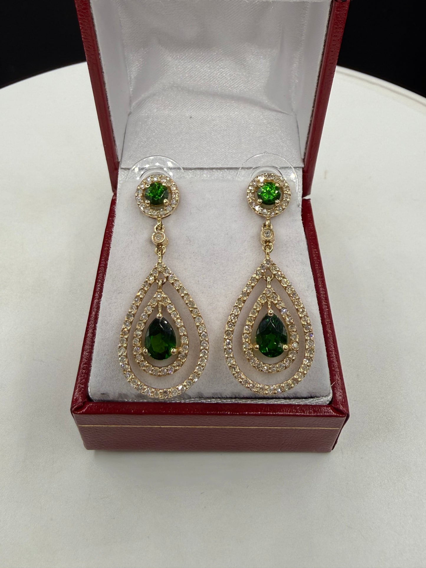 Natural Chrome Diopside & Diamond 14K Yellow Gold Dangle Earrings | 1.44 Inches