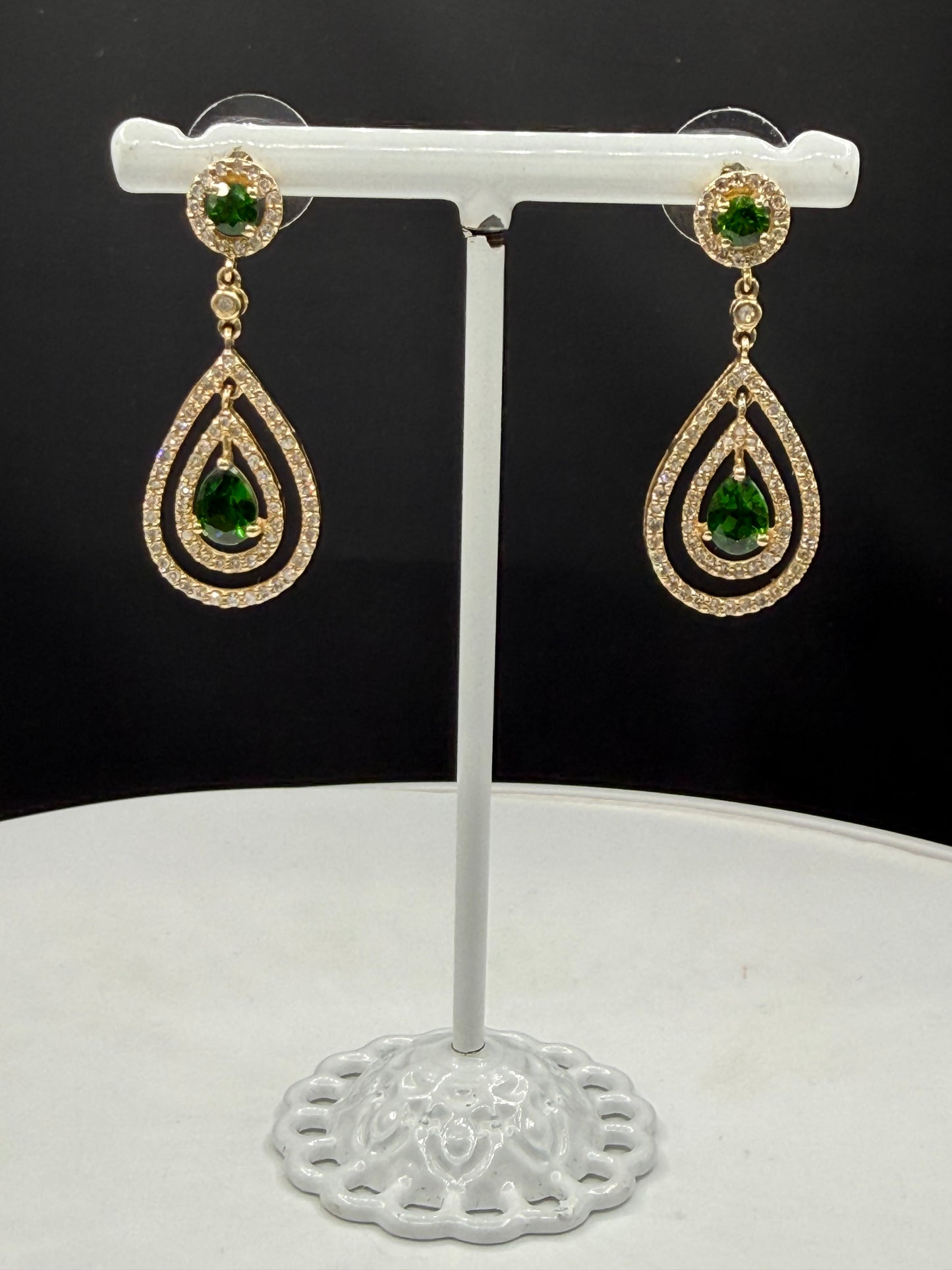 Natural Chrome Diopside & Diamond 14K Yellow Gold Dangle Earrings | 1.44 Inches
