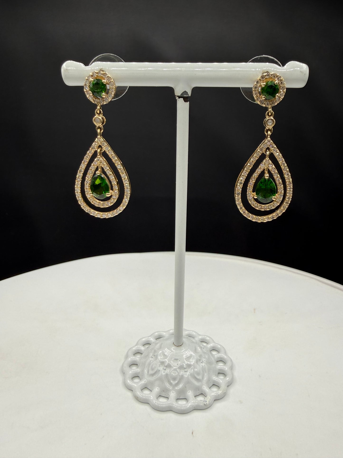Natural Chrome Diopside & Diamond 14K Yellow Gold Dangle Earrings | 1.44 Inches