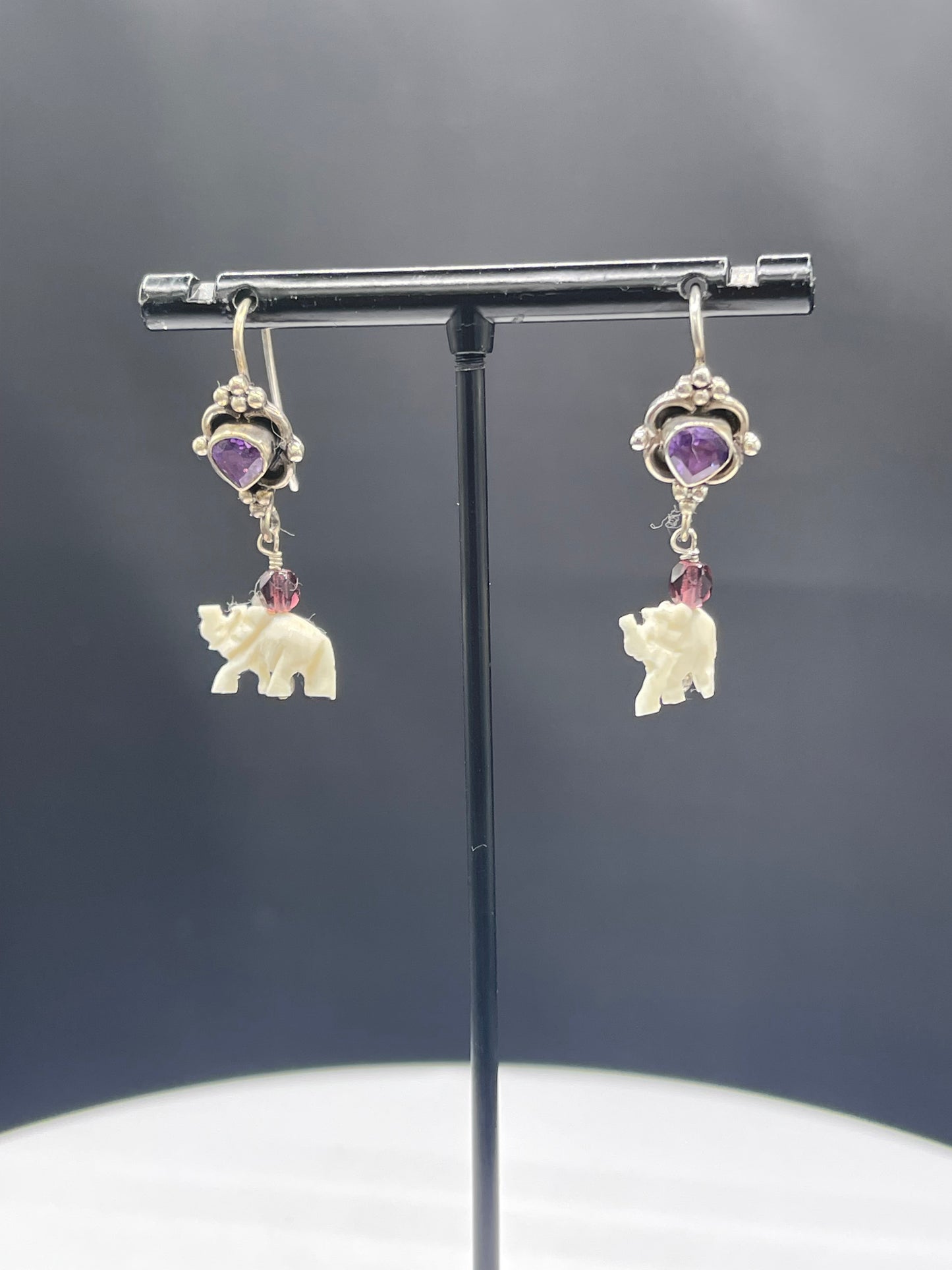 Natural Amethyst & Garnet Ivory Elephant Sterling Silver Dangle Earrings - Handmade, 1.48 Inches