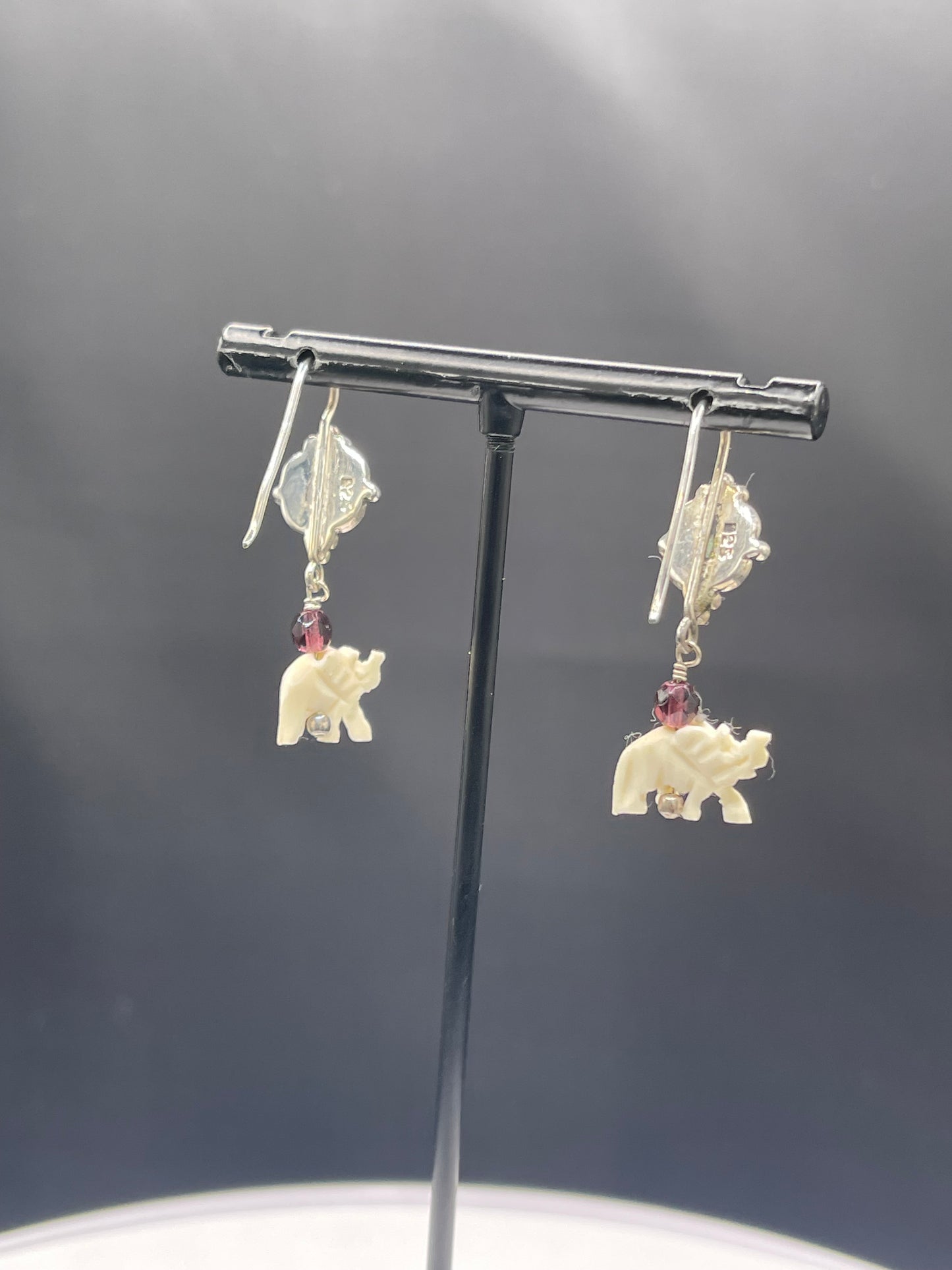 Natural Amethyst & Garnet Ivory Elephant Sterling Silver Dangle Earrings - Handmade, 1.48 Inches