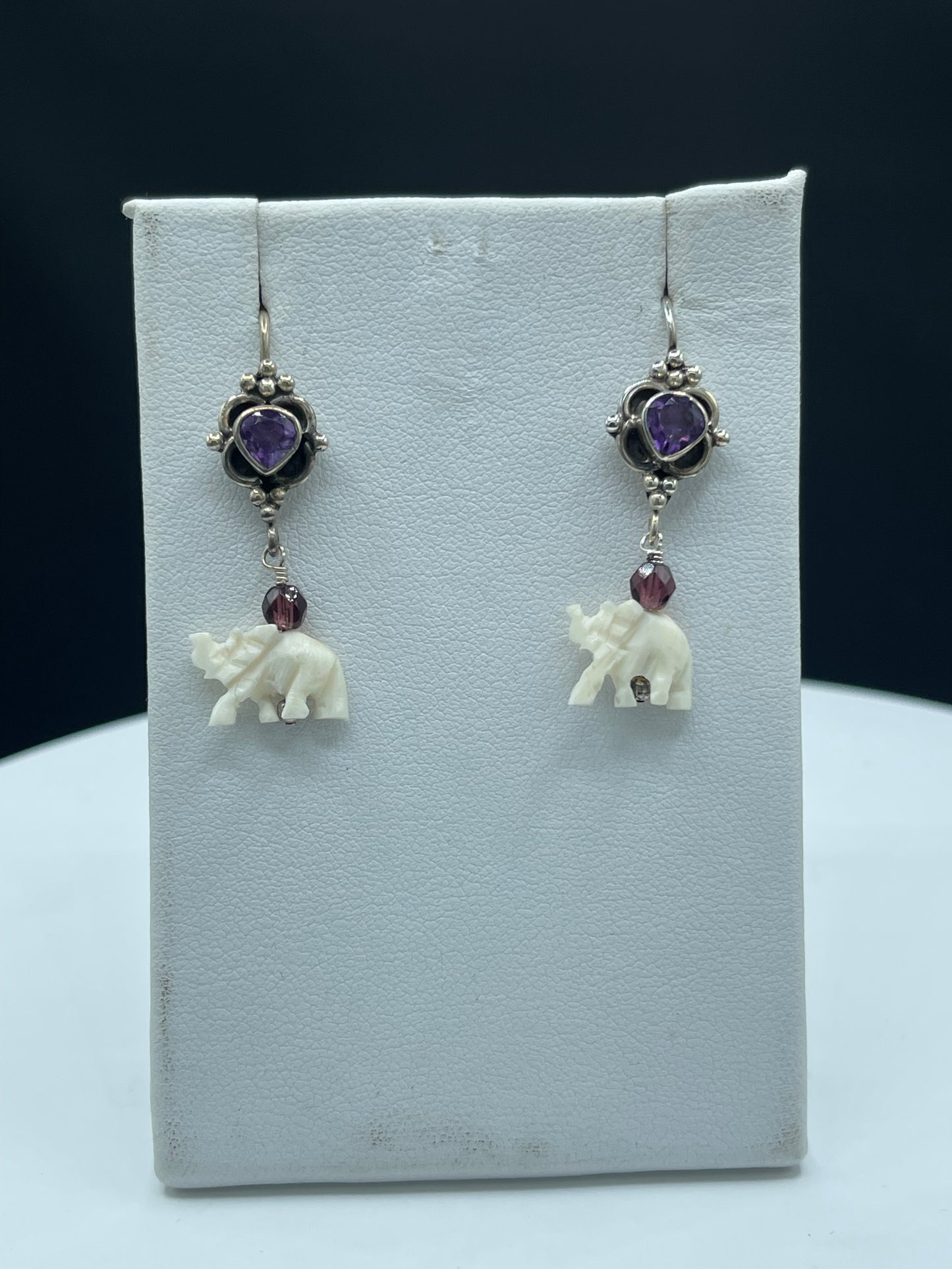 Natural Amethyst & Garnet Ivory Elephant Sterling Silver Dangle Earrings - Handmade, 1.48 Inches