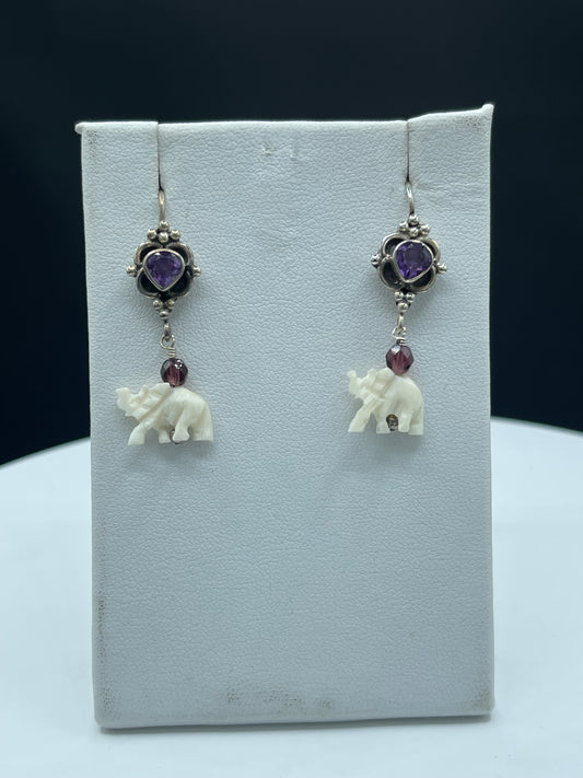 Natural Amethyst & Garnet Ivory Elephant Sterling Silver Dangle Earrings - Handmade, 1.48 Inches