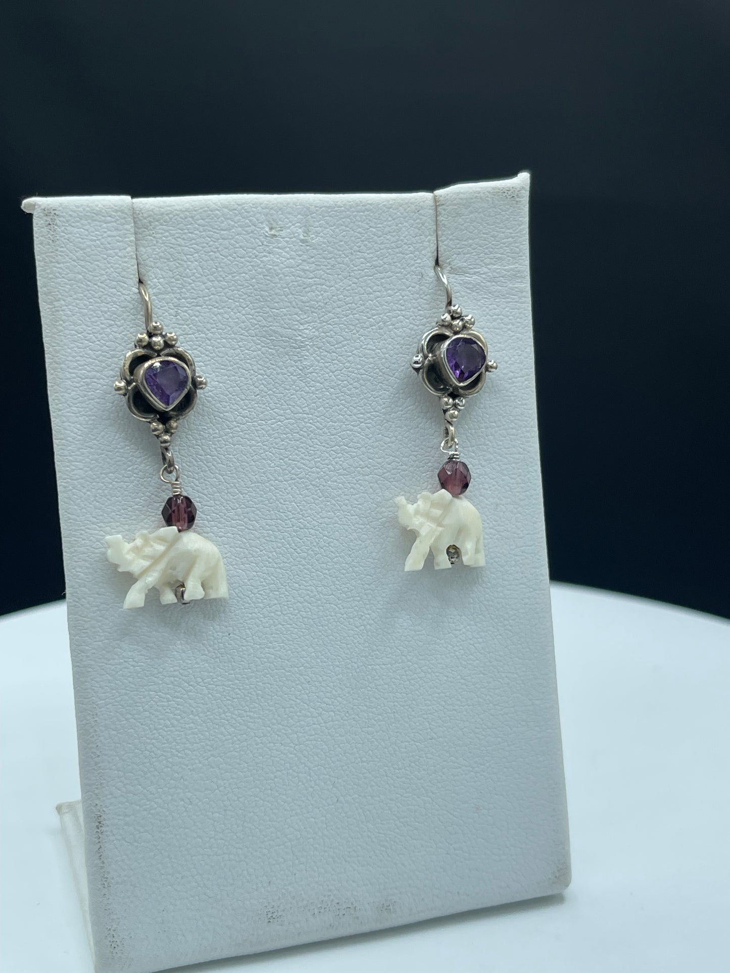 Natural Amethyst & Garnet Ivory Elephant Sterling Silver Dangle Earrings - Handmade, 1.48 Inches
