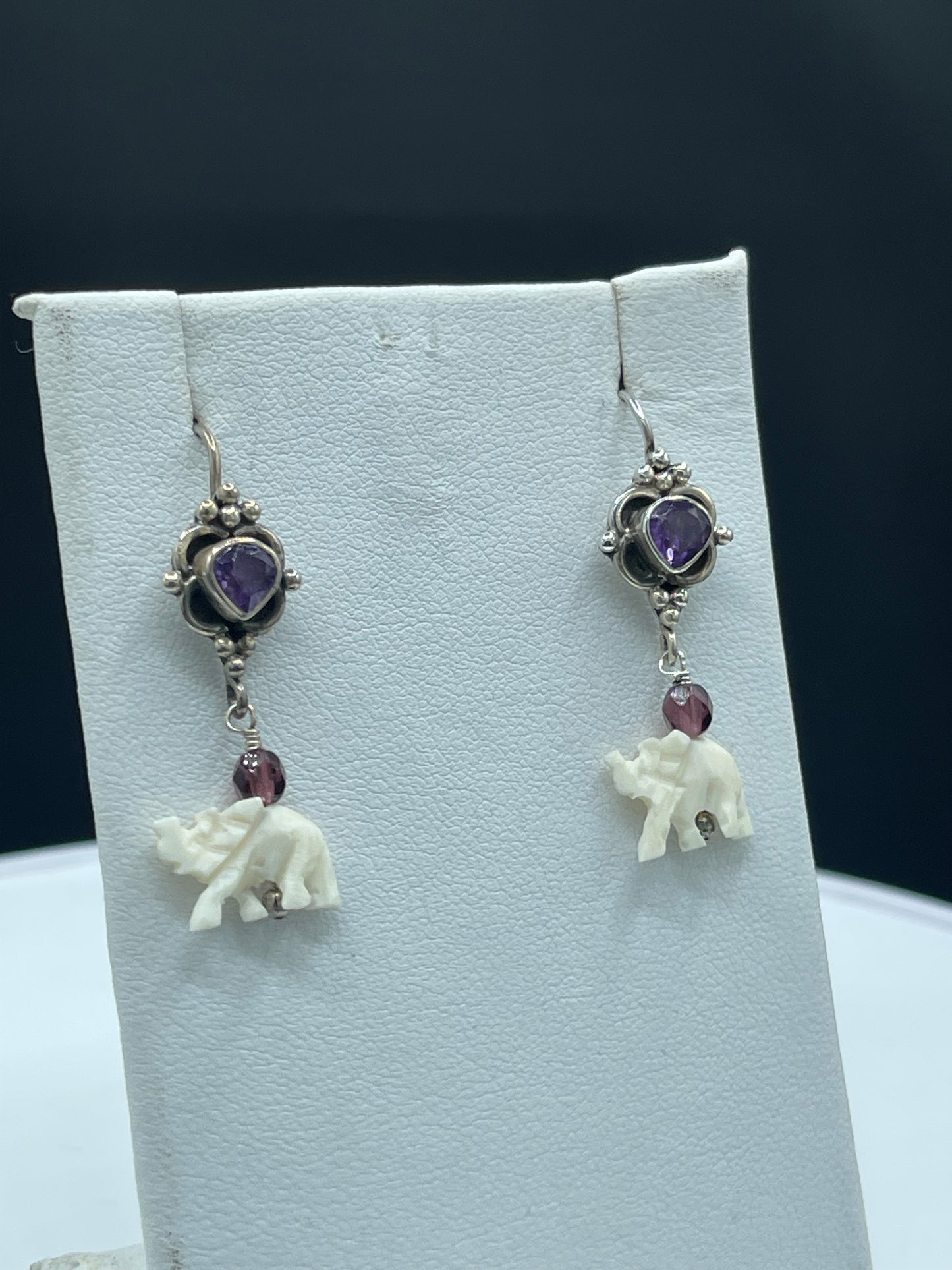 Natural Amethyst & Garnet Ivory Elephant Sterling Silver Dangle Earrings - Handmade, 1.48 Inches