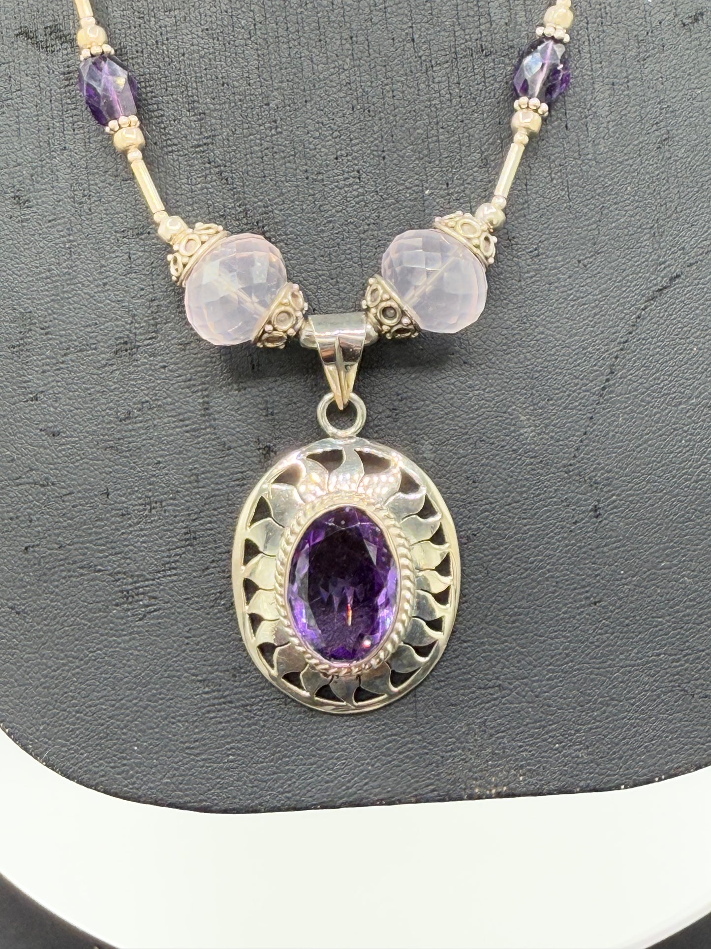Handmade Natural Amethyst & Rose Quartz Sterling Silver Adjustable Necklace