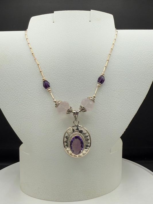 Handmade Natural Amethyst & Rose Quartz Sterling Silver Adjustable Necklace