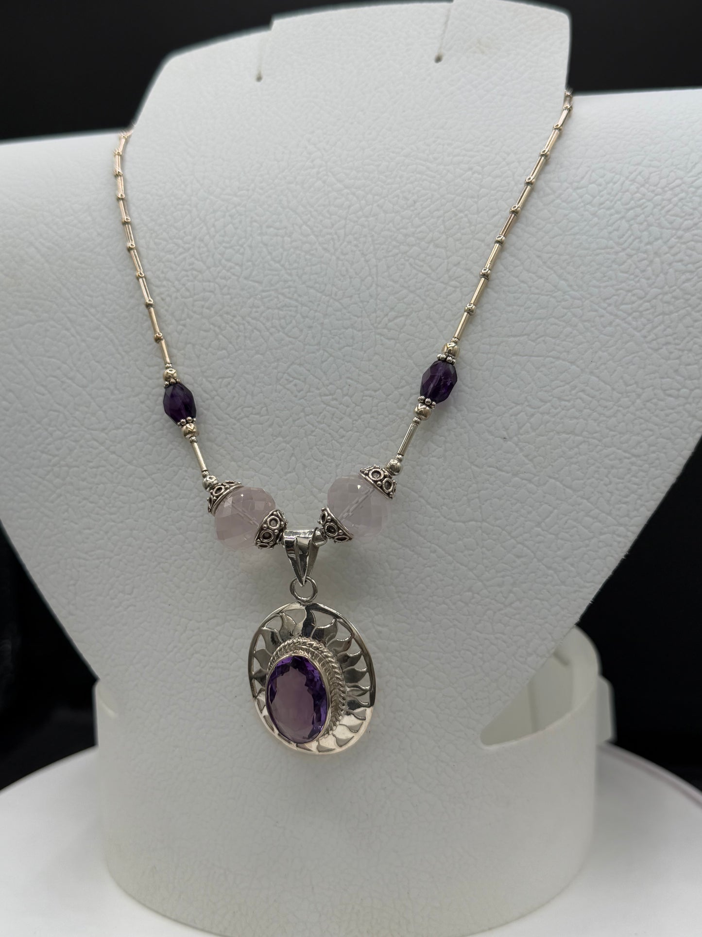 Handmade Natural Amethyst & Rose Quartz Sterling Silver Adjustable Necklace
