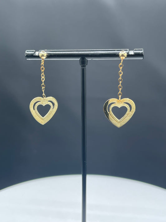 Handmade Solid 14k Yellow Gold Heart Dangle Earrings - 1.44 Inches - Stamped 14k