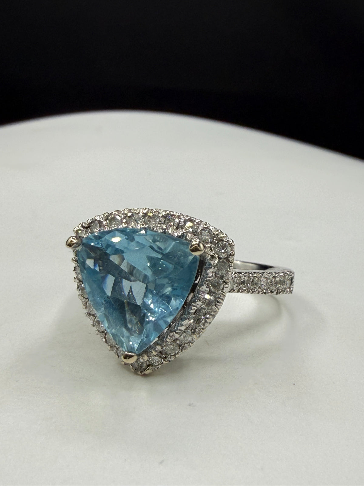 4.70 Carat Natural Aquamarine Trillion Cut & Diamond Halo 14K White Gold Ring | Size 7