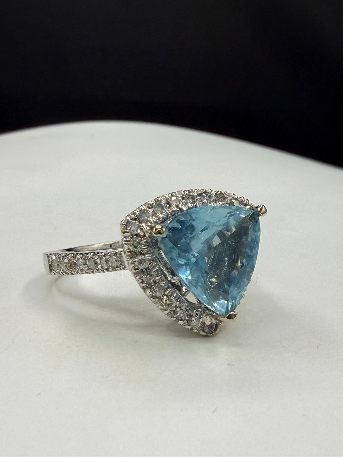 4.70 Carat Natural Aquamarine Trillion Cut & Diamond Halo 14K White Gold Ring | Size 7