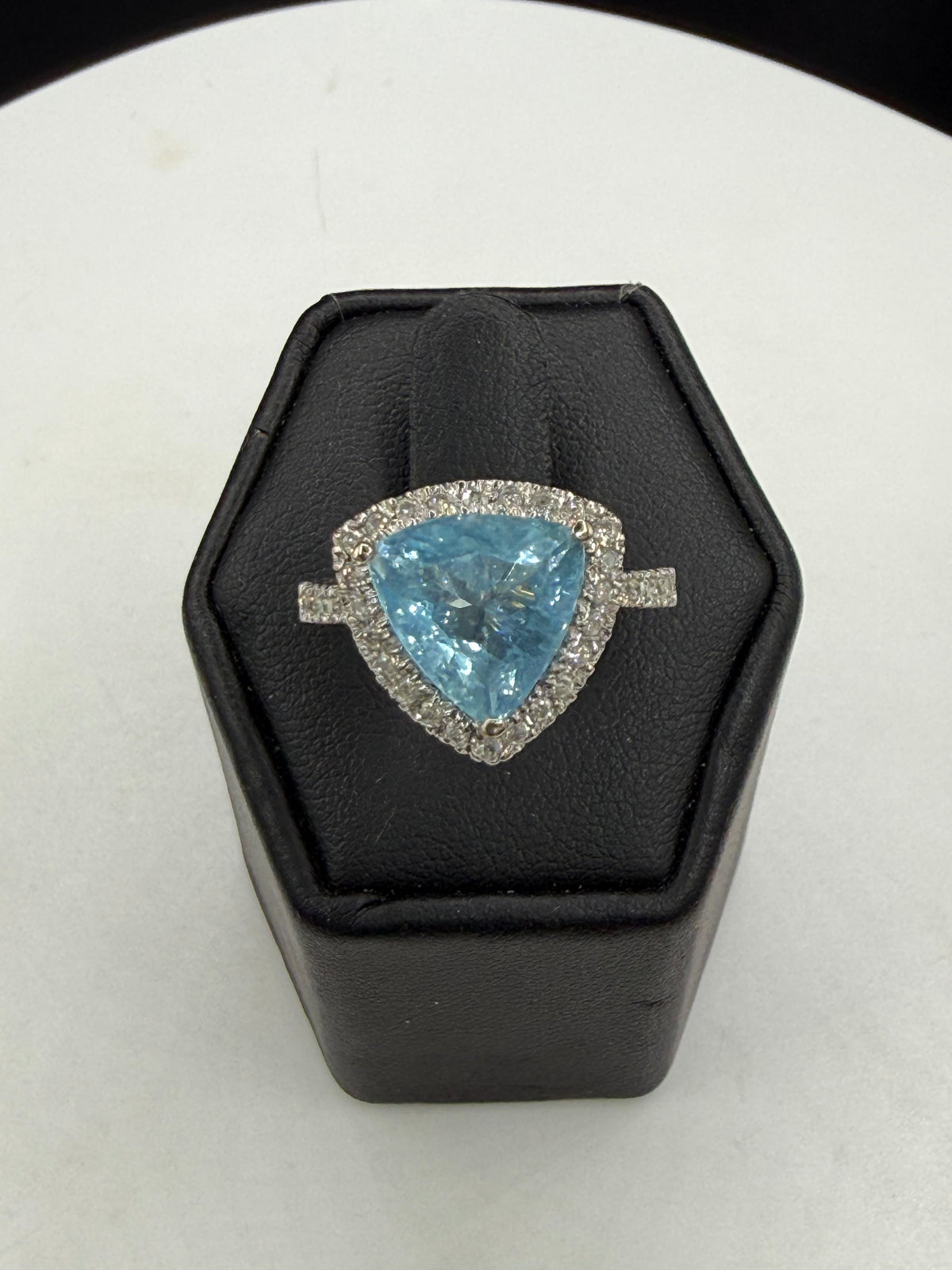 4.70 Carat Natural Aquamarine Trillion Cut & Diamond Halo 14K White Gold Ring | Size 7