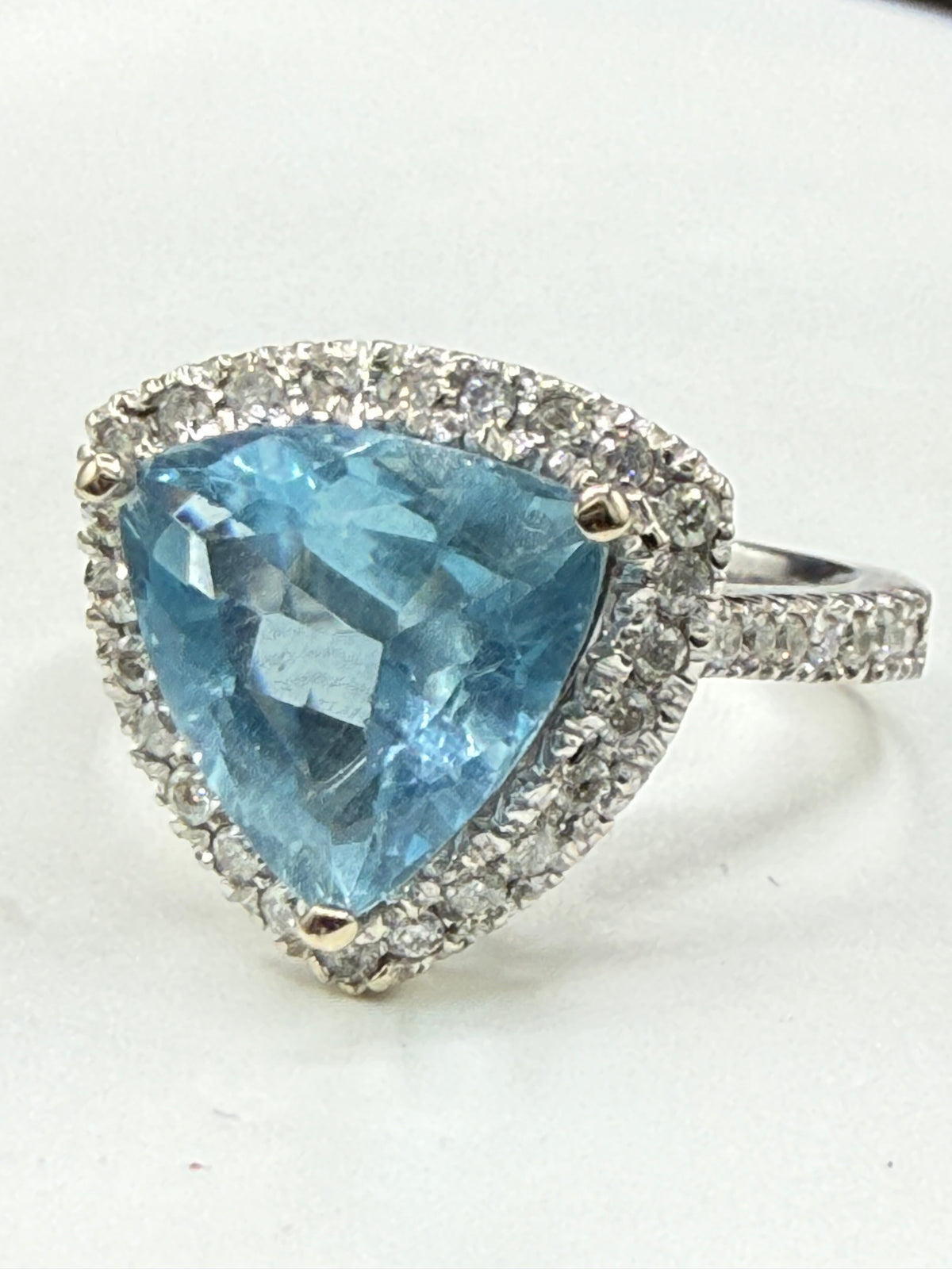 4.70 Carat Natural Aquamarine Trillion Cut & Diamond Halo 14K White Gold Ring | Size 7