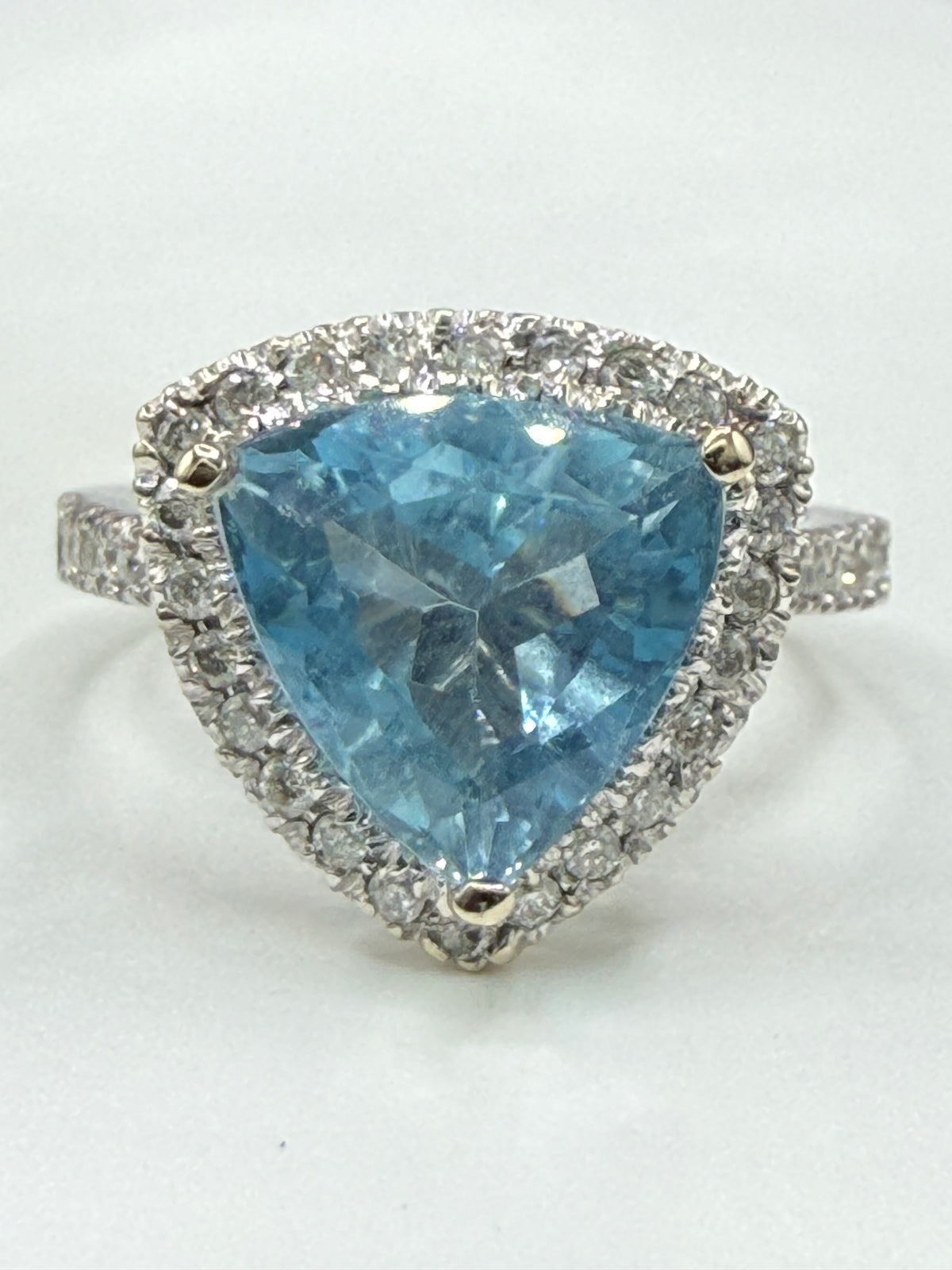 4.70 Carat Natural Aquamarine Trillion Cut & Diamond Halo 14K White Gold Ring | Size 7