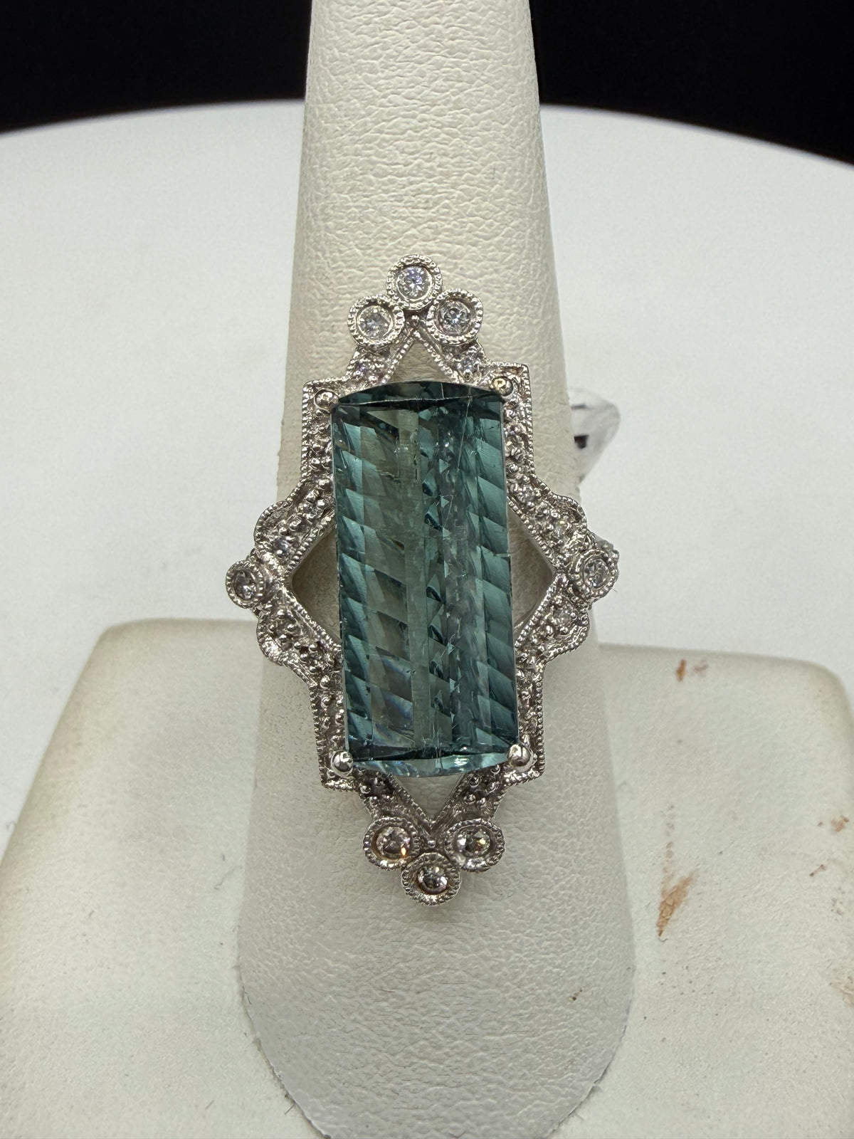 8.86 Carat Natural Indicolite Blue Tourmaline & Diamond 14k White Gold Statement Ring | Size 8.25